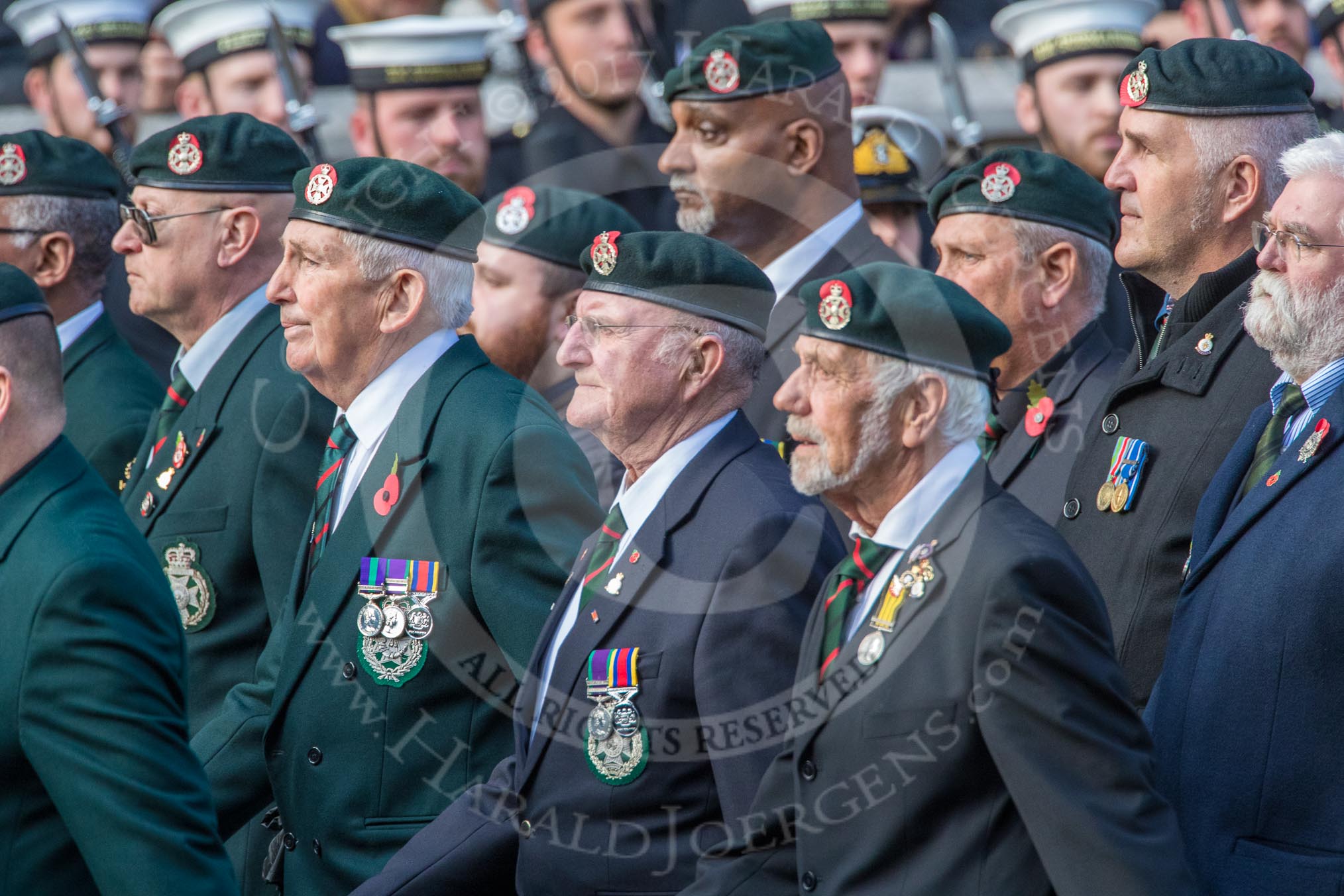 Royal Green Jackets (Group A2, 153 members) during the Royal British Legion March Past on Remembrance Sunday at the Cenotaph, Whitehall, Westminster, London, 11 November 2018, 11:55.