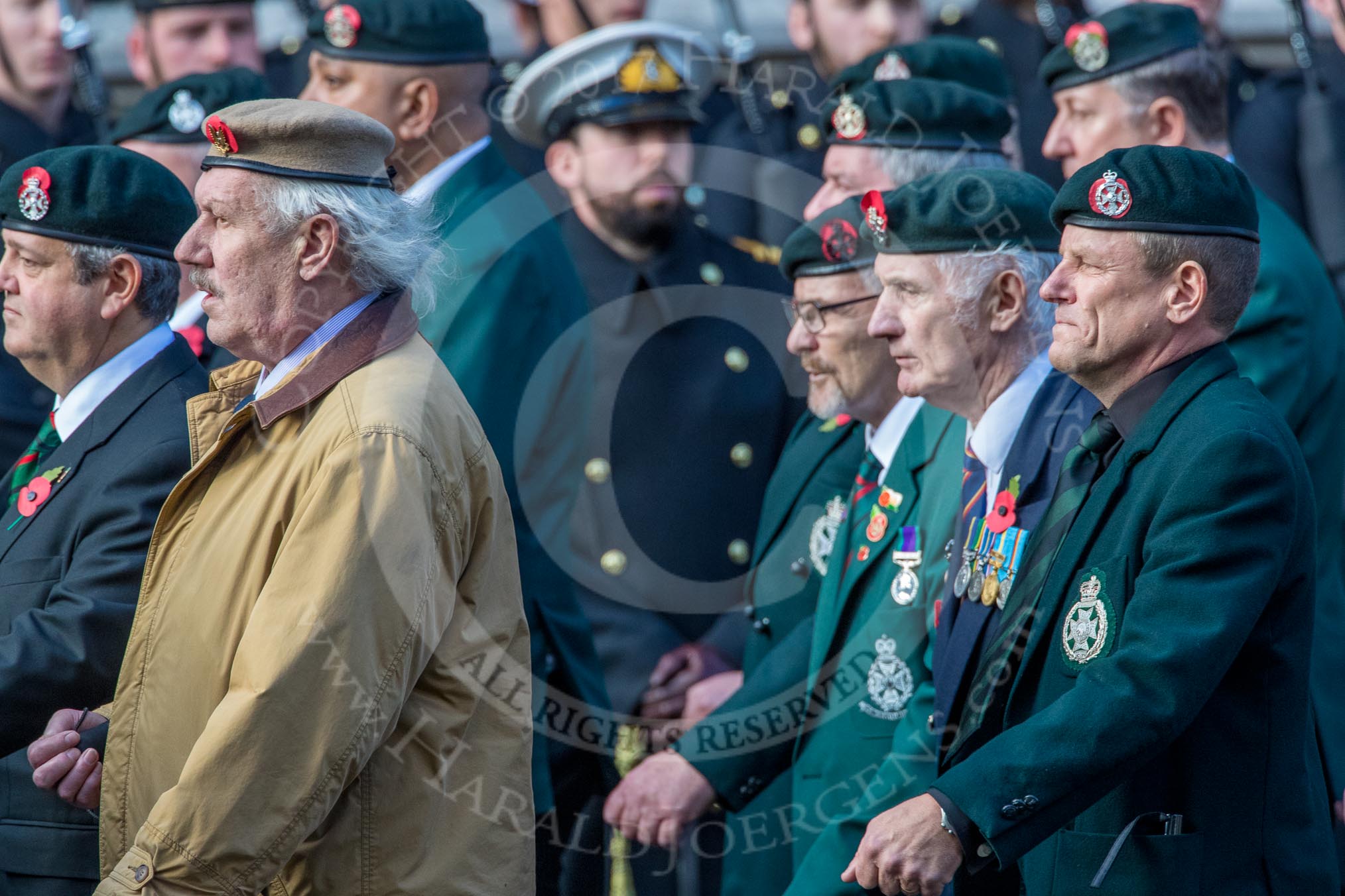 Royal Green Jackets (Group A2, 153 members) during the Royal British Legion March Past on Remembrance Sunday at the Cenotaph, Whitehall, Westminster, London, 11 November 2018, 11:55.