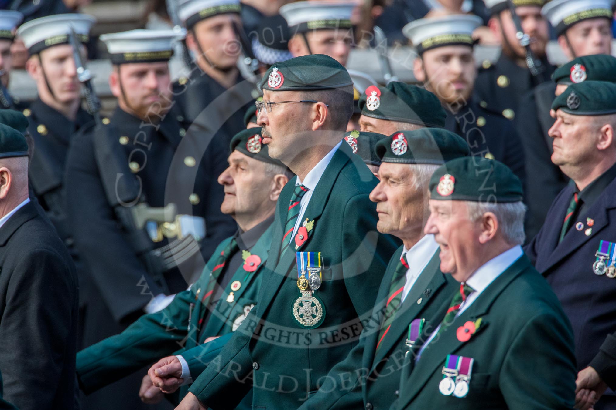 Royal Green Jackets (Group A2, 153 members) during the Royal British Legion March Past on Remembrance Sunday at the Cenotaph, Whitehall, Westminster, London, 11 November 2018, 11:55.