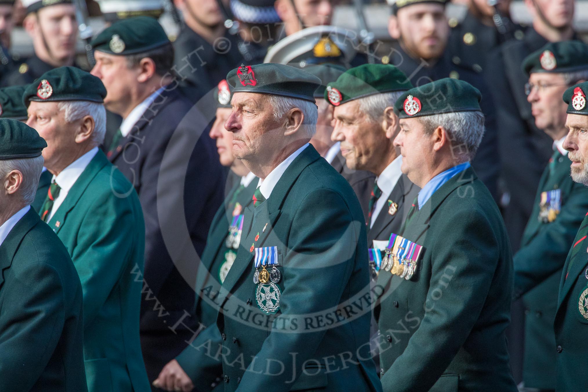 Royal Green Jackets (Group A2, 153 members) during the Royal British Legion March Past on Remembrance Sunday at the Cenotaph, Whitehall, Westminster, London, 11 November 2018, 11:55.