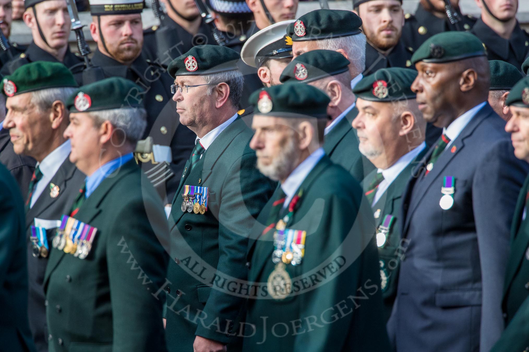 Royal Green Jackets (Group A2, 153 members) during the Royal British Legion March Past on Remembrance Sunday at the Cenotaph, Whitehall, Westminster, London, 11 November 2018, 11:55.