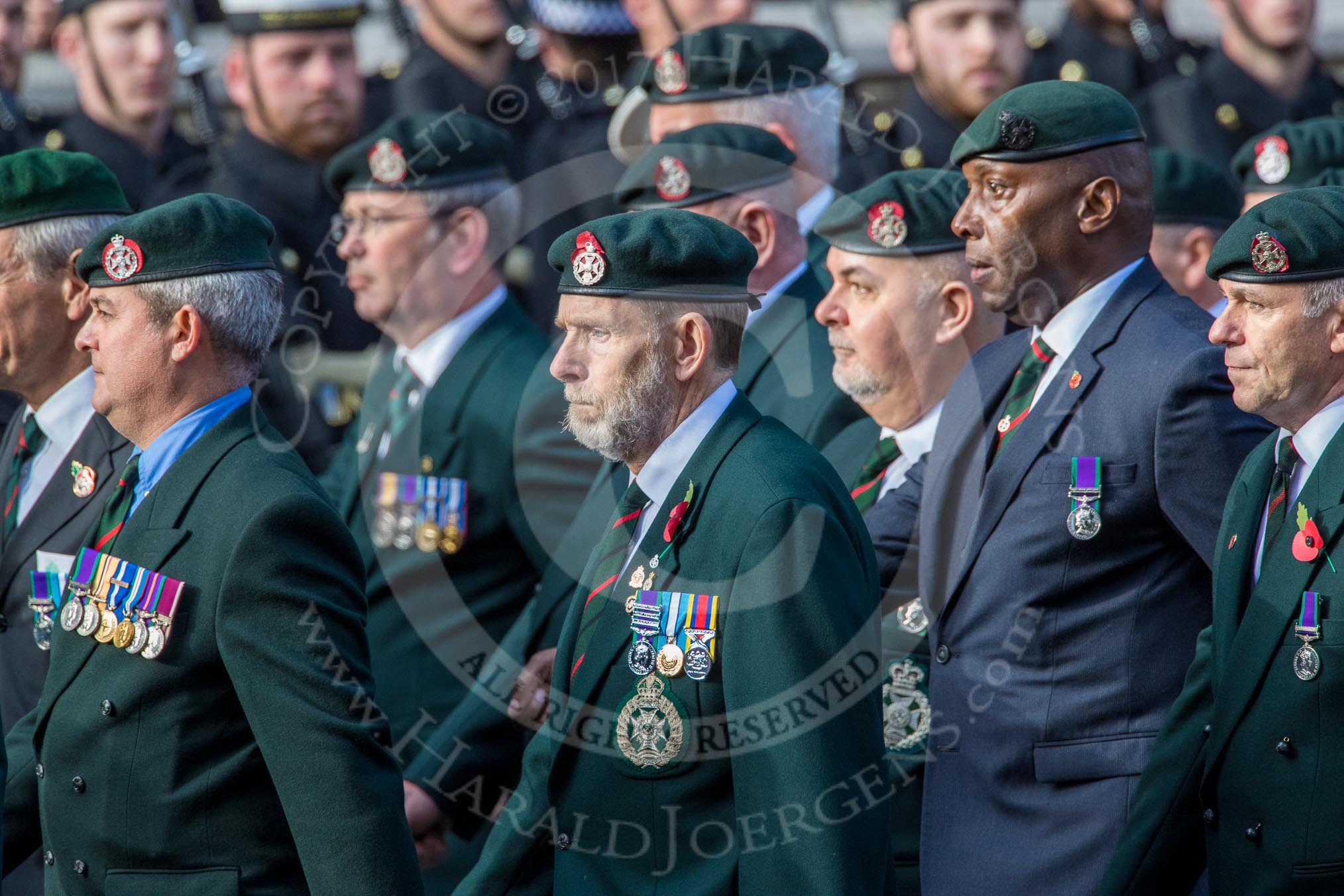 Royal Green Jackets (Group A2, 153 members) during the Royal British Legion March Past on Remembrance Sunday at the Cenotaph, Whitehall, Westminster, London, 11 November 2018, 11:55.