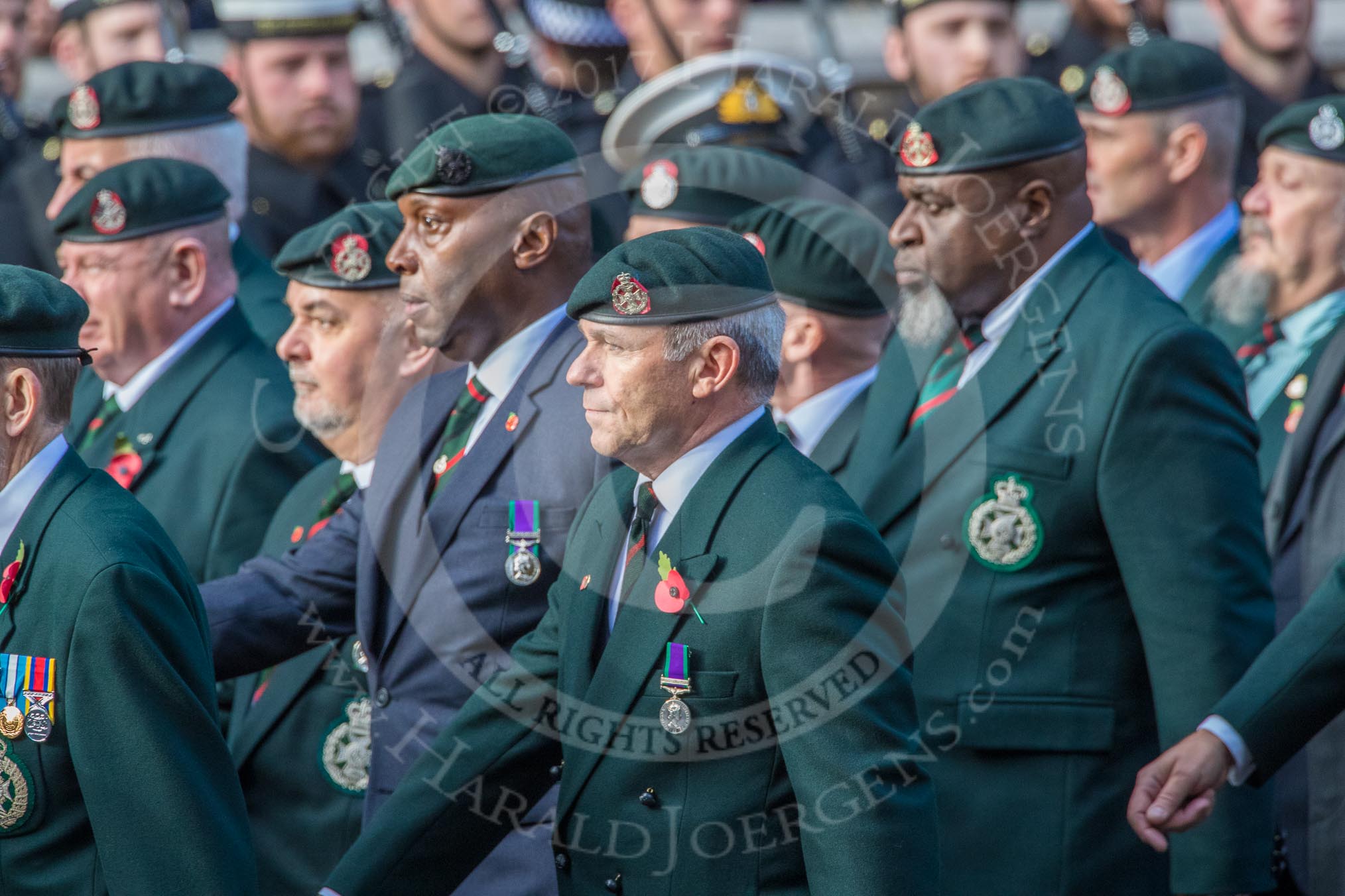 Royal Green Jackets (Group A2, 153 members) during the Royal British Legion March Past on Remembrance Sunday at the Cenotaph, Whitehall, Westminster, London, 11 November 2018, 11:55.