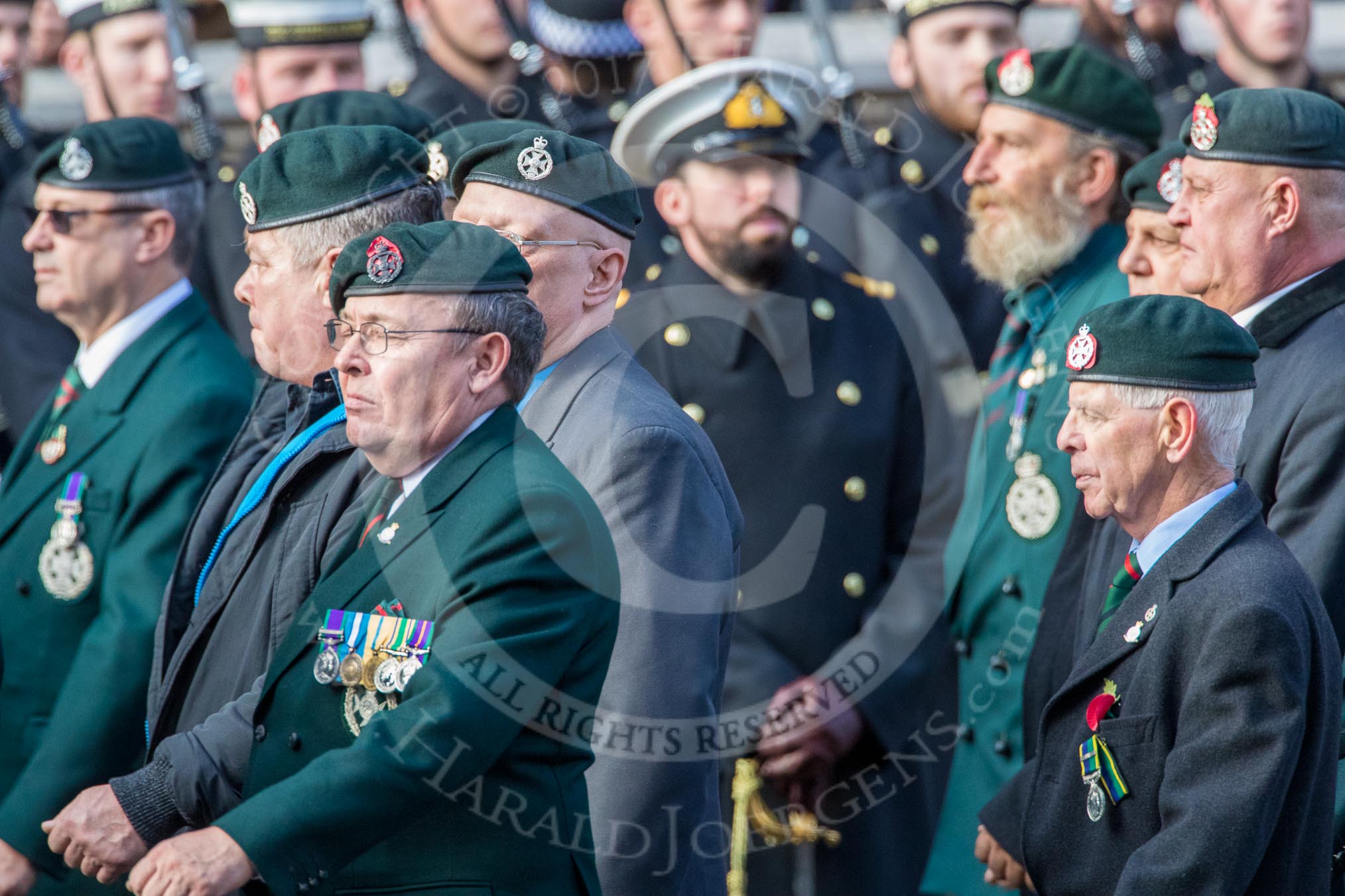 Royal Green Jackets (Group A2, 153 members) during the Royal British Legion March Past on Remembrance Sunday at the Cenotaph, Whitehall, Westminster, London, 11 November 2018, 11:55.