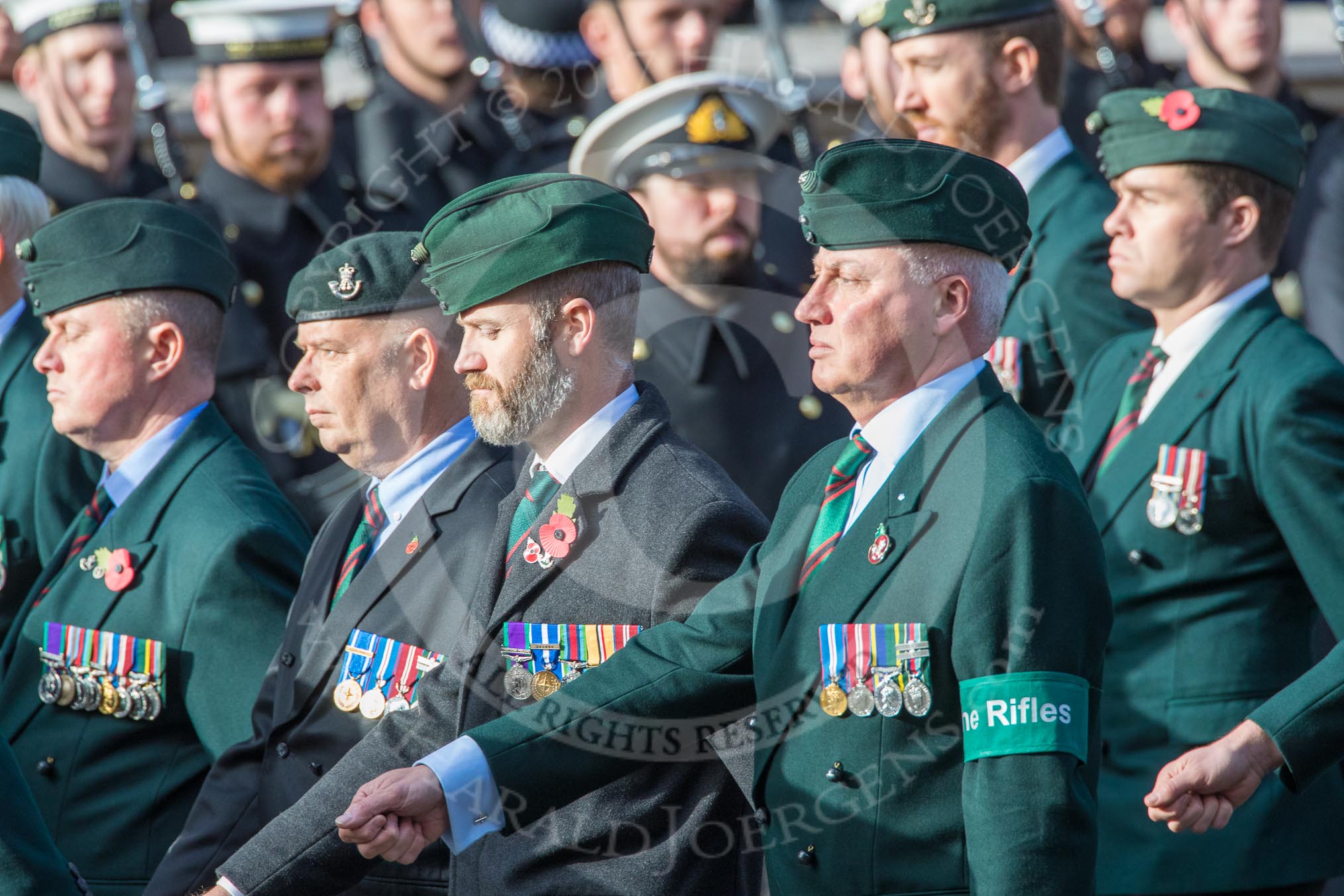 The Rifles Regimental Association (Group A3, 21 members) during the Royal British Legion March Past on Remembrance Sunday at the Cenotaph, Whitehall, Westminster, London, 11 November 2018, 11:56.