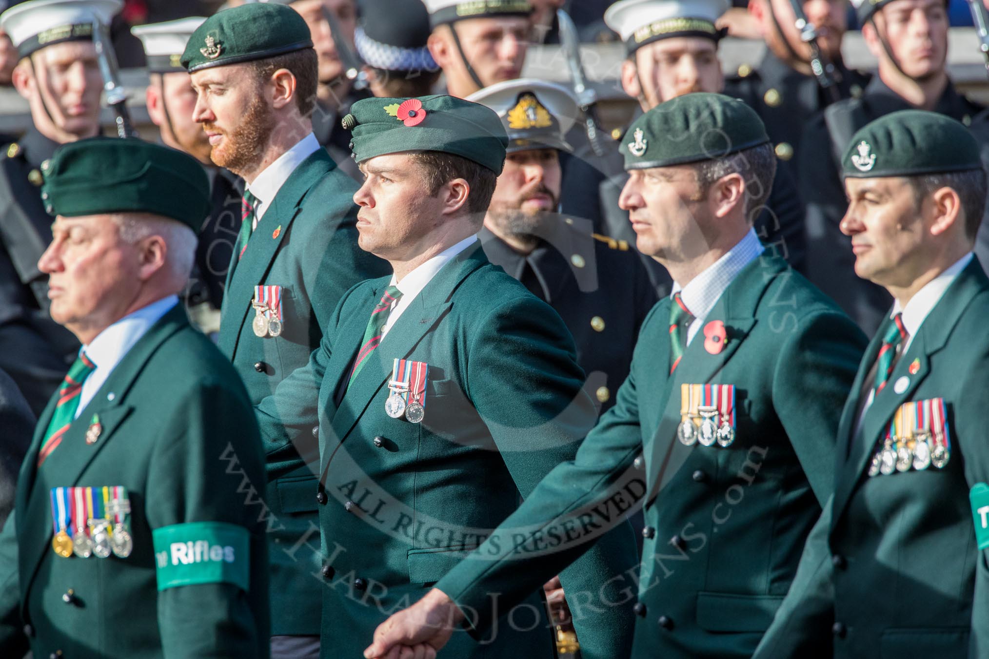 The Rifles Regimental Association (Group A3, 21 members) during the Royal British Legion March Past on Remembrance Sunday at the Cenotaph, Whitehall, Westminster, London, 11 November 2018, 11:56.