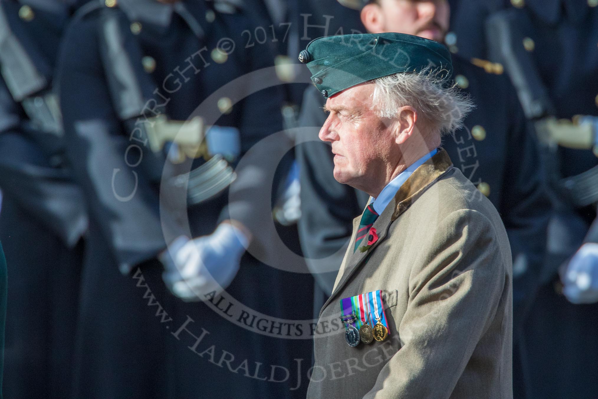 The Rifles Regimental Association (Group A3, 21 members) during the Royal British Legion March Past on Remembrance Sunday at the Cenotaph, Whitehall, Westminster, London, 11 November 2018, 11:56.