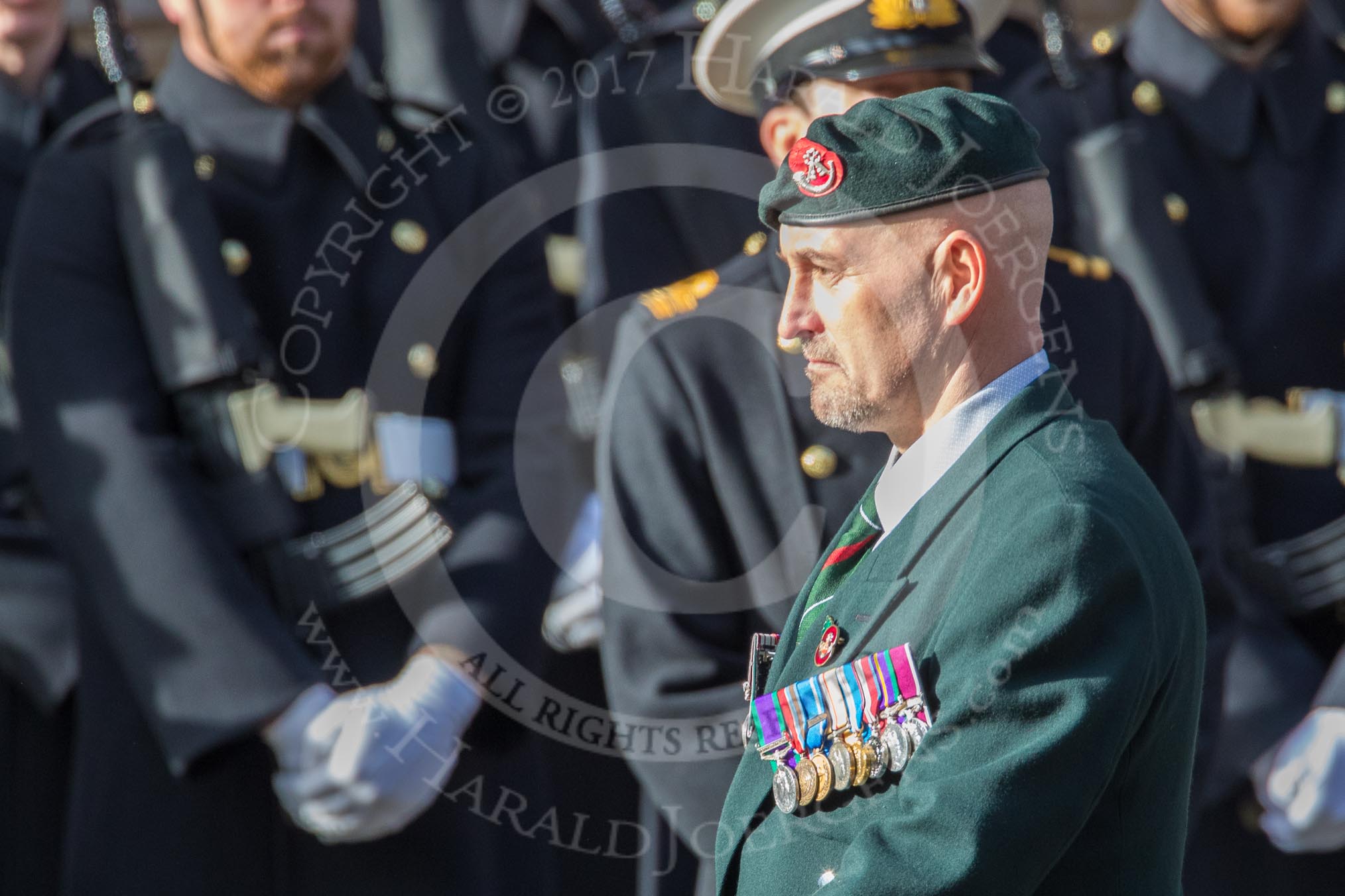 The Light Infantry Association (Group A4, 26 members) during the Royal British Legion March Past on Remembrance Sunday at the Cenotaph, Whitehall, Westminster, London, 11 November 2018, 11:56.