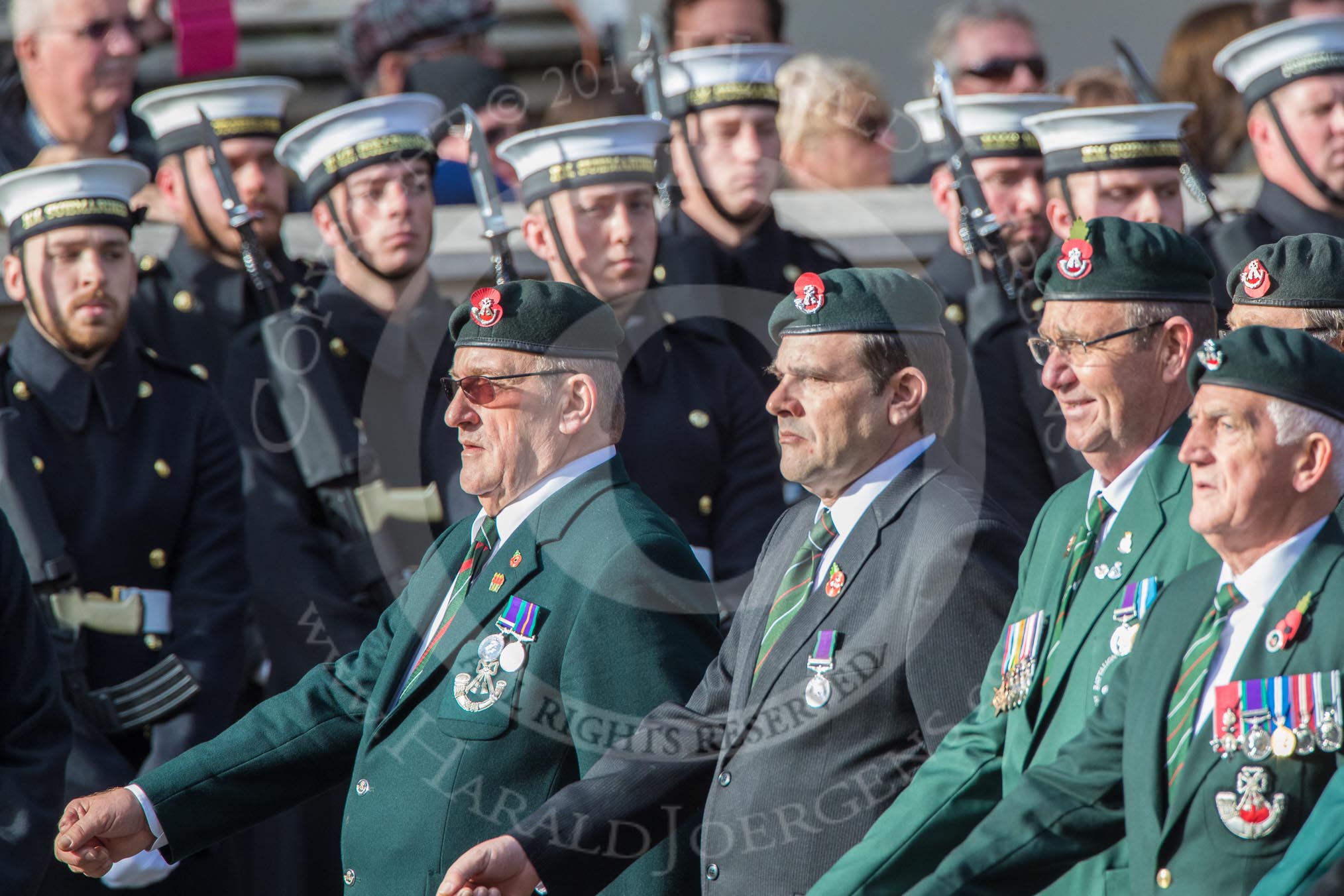 The Light Infantry Association (Group A4, 26 members) during the Royal British Legion March Past on Remembrance Sunday at the Cenotaph, Whitehall, Westminster, London, 11 November 2018, 11:56.