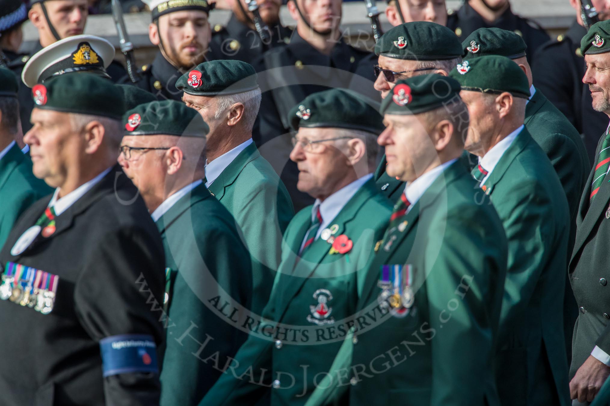 The Light Infantry Association (Group A4, 26 members) during the Royal British Legion March Past on Remembrance Sunday at the Cenotaph, Whitehall, Westminster, London, 11 November 2018, 11:56.