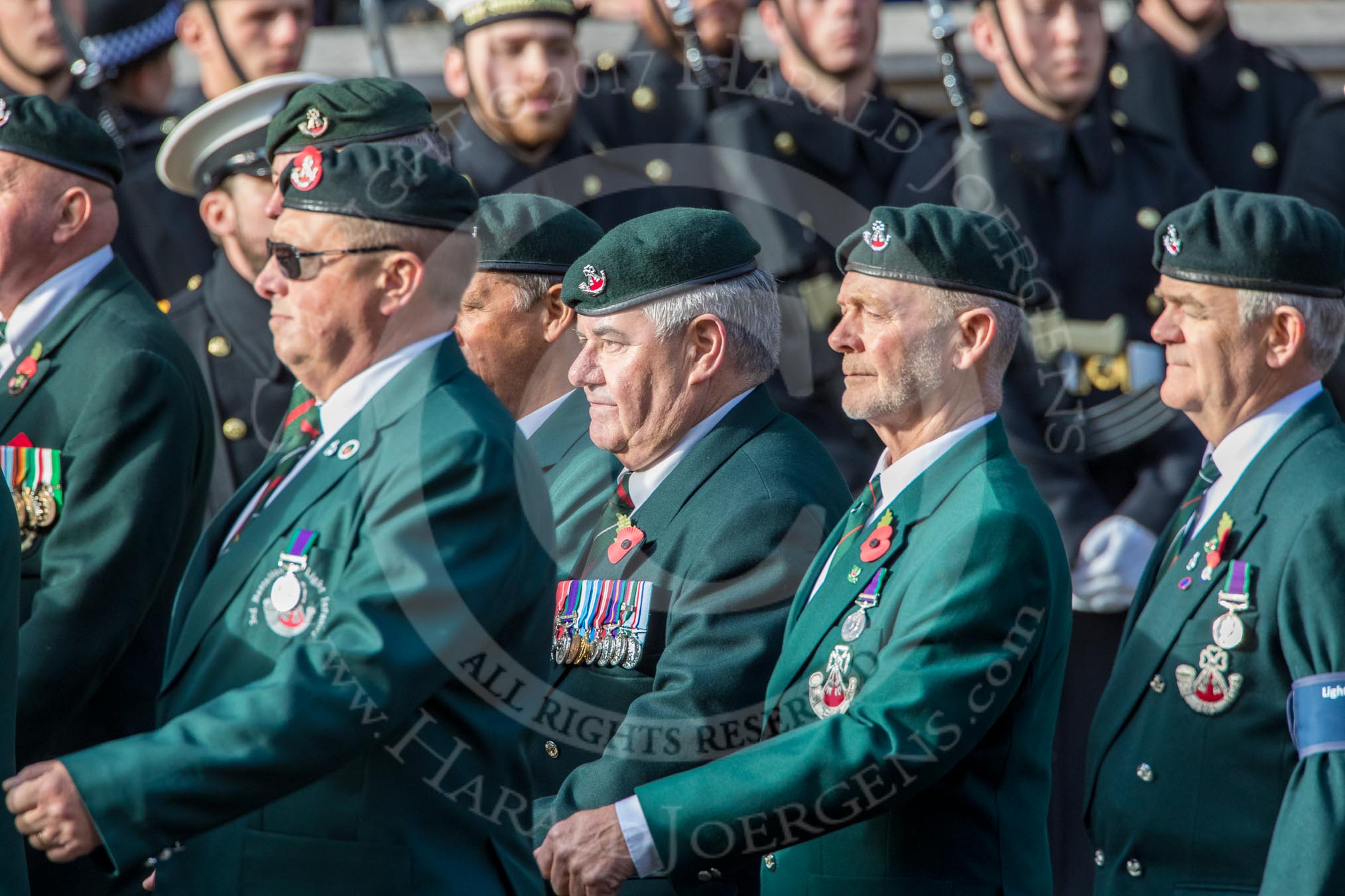 The Light Infantry Association (Group A4, 26 members) during the Royal British Legion March Past on Remembrance Sunday at the Cenotaph, Whitehall, Westminster, London, 11 November 2018, 11:56.