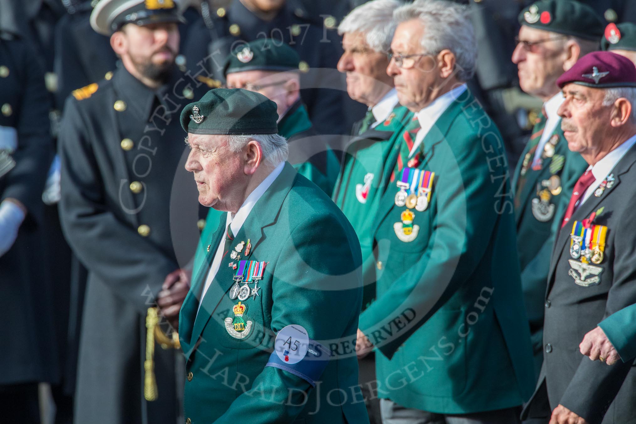 Durham Light Infantry Association (Group A5, 27 members) during the Royal British Legion March Past on Remembrance Sunday at the Cenotaph, Whitehall, Westminster, London, 11 November 2018, 11:56.