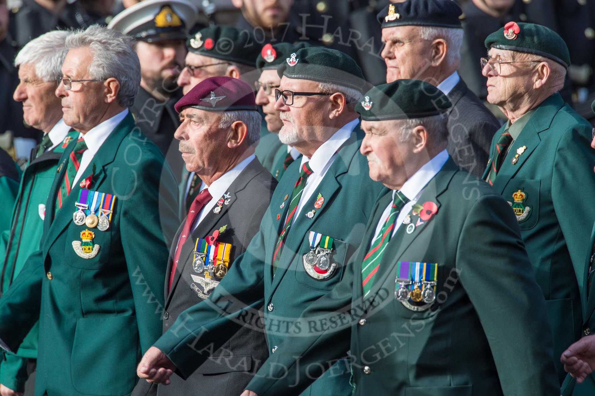 Durham Light Infantry Association (Group A5, 27 members) during the Royal British Legion March Past on Remembrance Sunday at the Cenotaph, Whitehall, Westminster, London, 11 November 2018, 11:56.