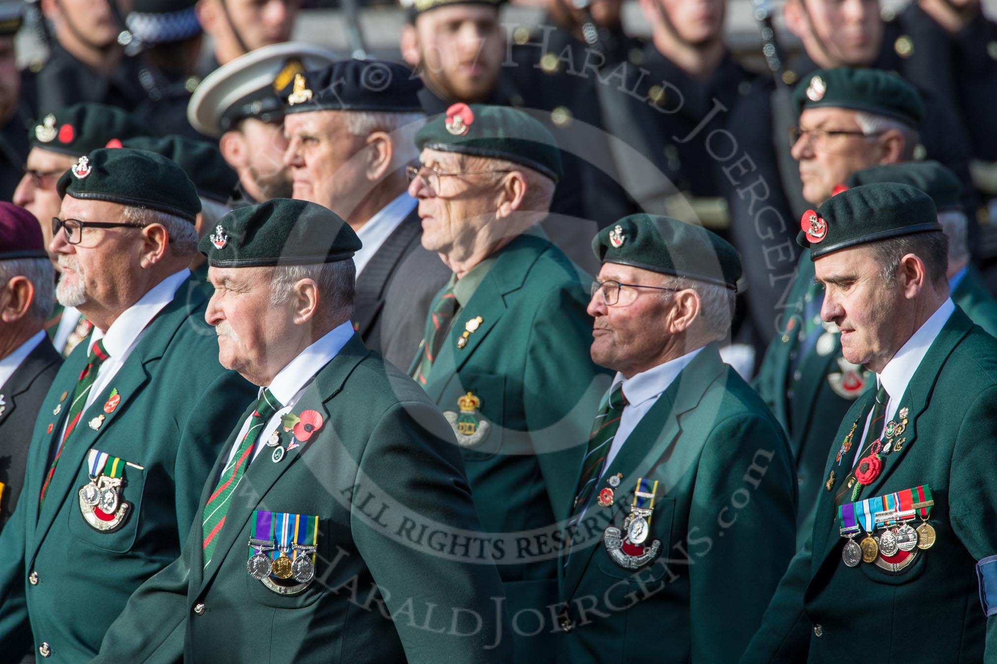 Durham Light Infantry Association (Group A5, 27 members) during the Royal British Legion March Past on Remembrance Sunday at the Cenotaph, Whitehall, Westminster, London, 11 November 2018, 11:56.