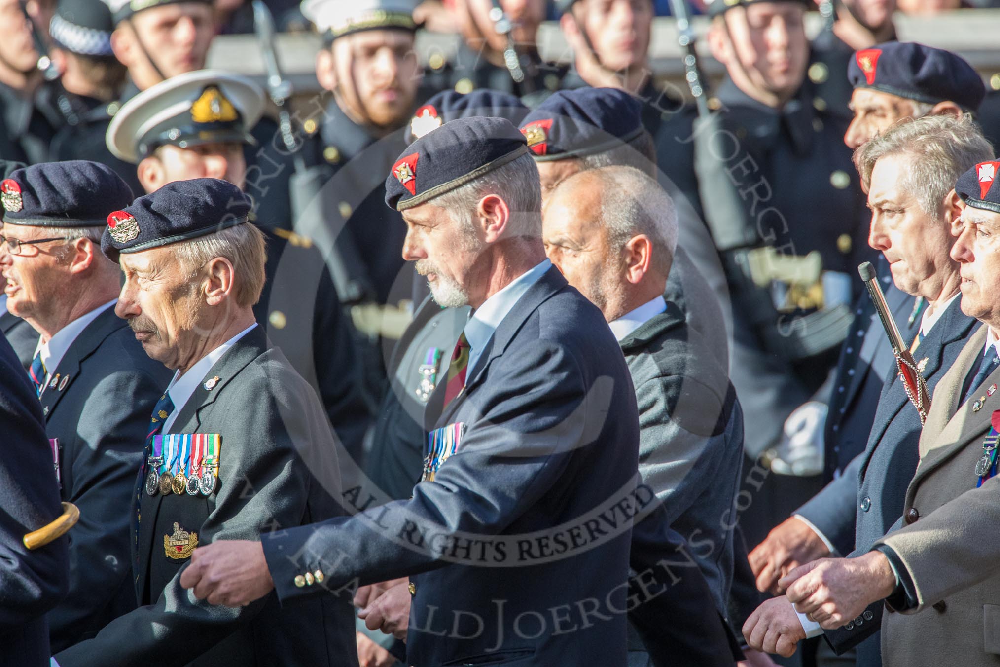 Regimental Association of The Rifles and The Royal Gloucestershire (Group A6, 33 members) during the Royal British Legion March Past on Remembrance Sunday at the Cenotaph, Whitehall, Westminster, London, 11 November 2018, 11:56.
