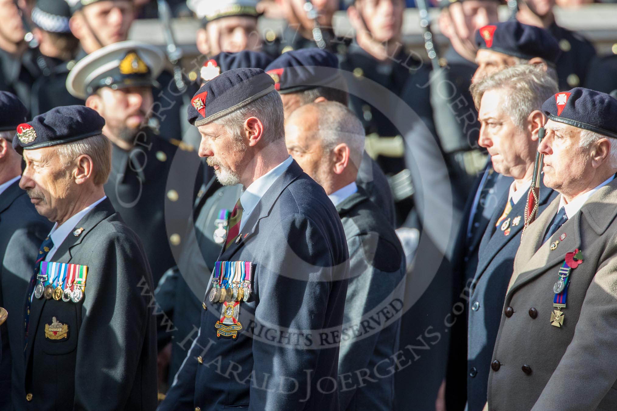 Regimental Association of The Rifles and The Royal Gloucestershire (Group A6, 33 members) during the Royal British Legion March Past on Remembrance Sunday at the Cenotaph, Whitehall, Westminster, London, 11 November 2018, 11:56.