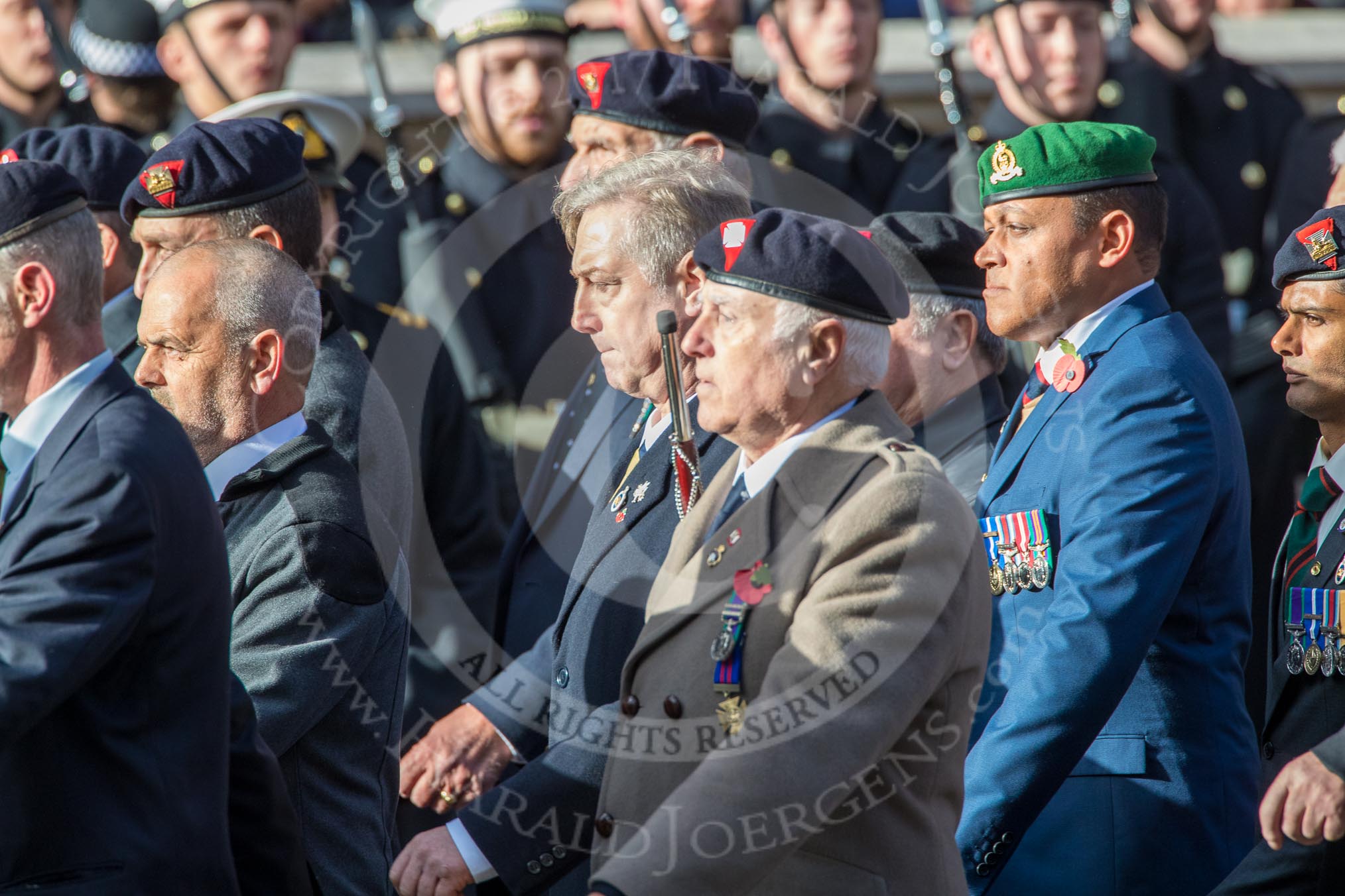 Regimental Association of The Rifles and The Royal Gloucestershire (Group A6, 33 members) during the Royal British Legion March Past on Remembrance Sunday at the Cenotaph, Whitehall, Westminster, London, 11 November 2018, 11:56.