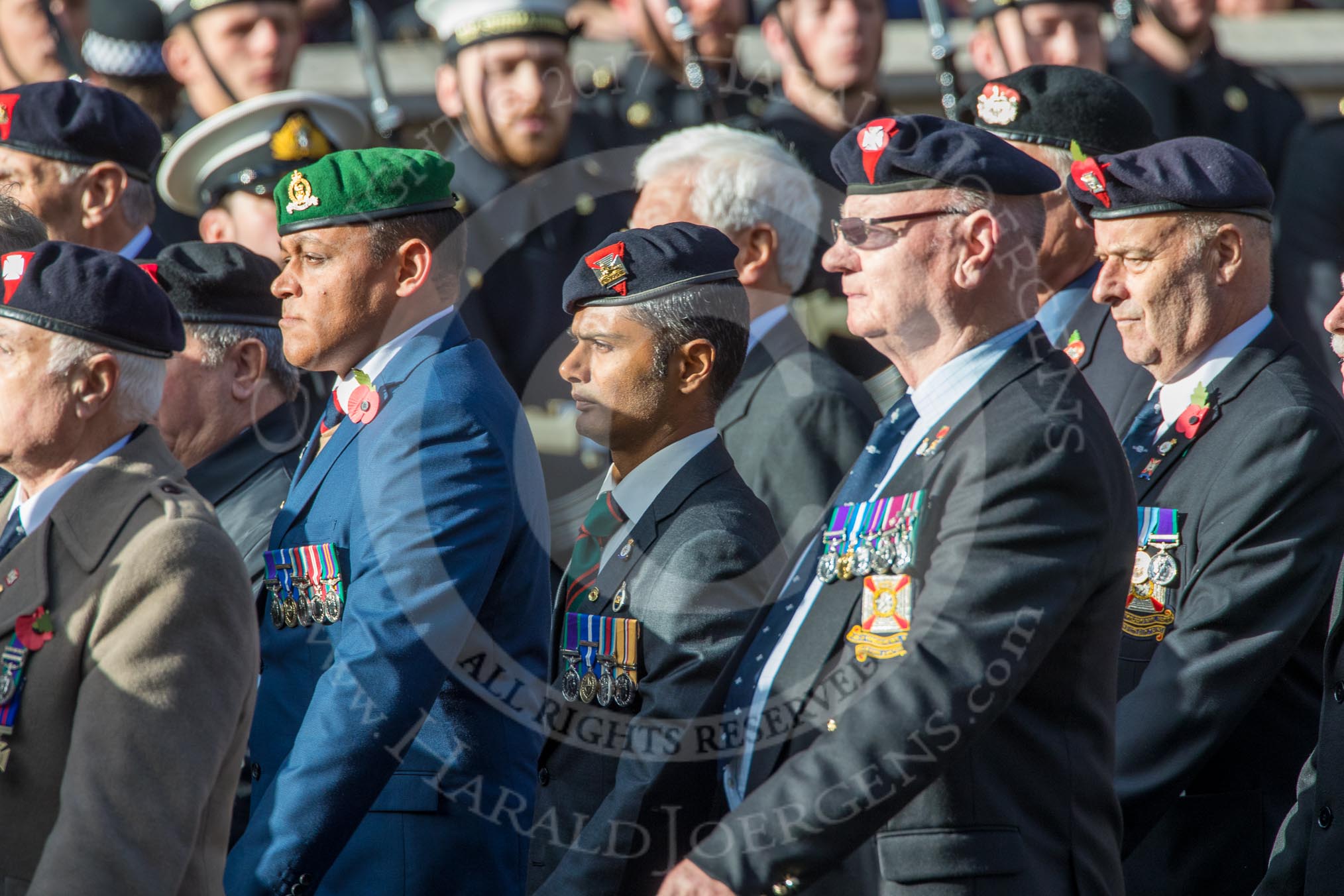 Regimental Association of The Rifles and The Royal Gloucestershire (Group A6, 33 members) during the Royal British Legion March Past on Remembrance Sunday at the Cenotaph, Whitehall, Westminster, London, 11 November 2018, 11:56.