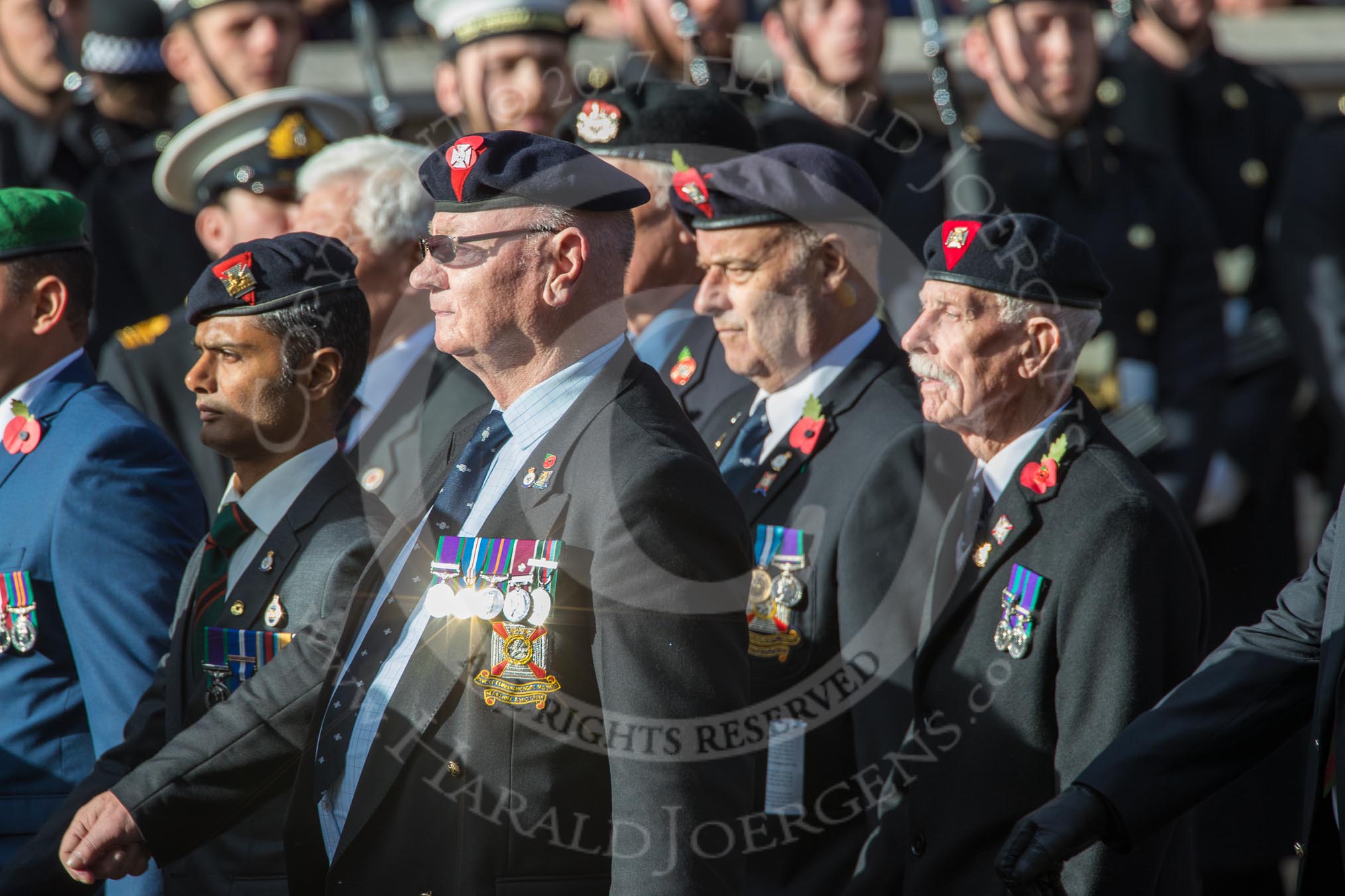 Regimental Association of The Rifles and The Royal Gloucestershire (Group A6, 33 members) during the Royal British Legion March Past on Remembrance Sunday at the Cenotaph, Whitehall, Westminster, London, 11 November 2018, 11:56.
