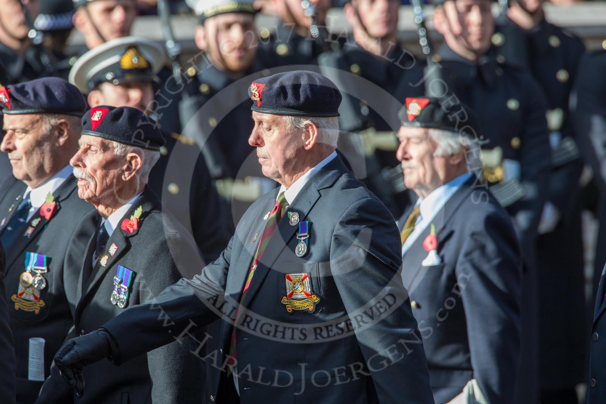 Regimental Association of The Rifles and The Royal Gloucestershire (Group A6, 33 members) during the Royal British Legion March Past on Remembrance Sunday at the Cenotaph, Whitehall, Westminster, London, 11 November 2018, 11:56.