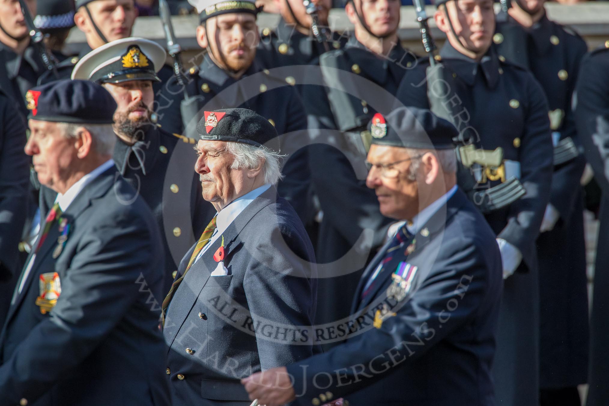 Regimental Association of The Rifles and The Royal Gloucestershire (Group A6, 33 members) during the Royal British Legion March Past on Remembrance Sunday at the Cenotaph, Whitehall, Westminster, London, 11 November 2018, 11:56.