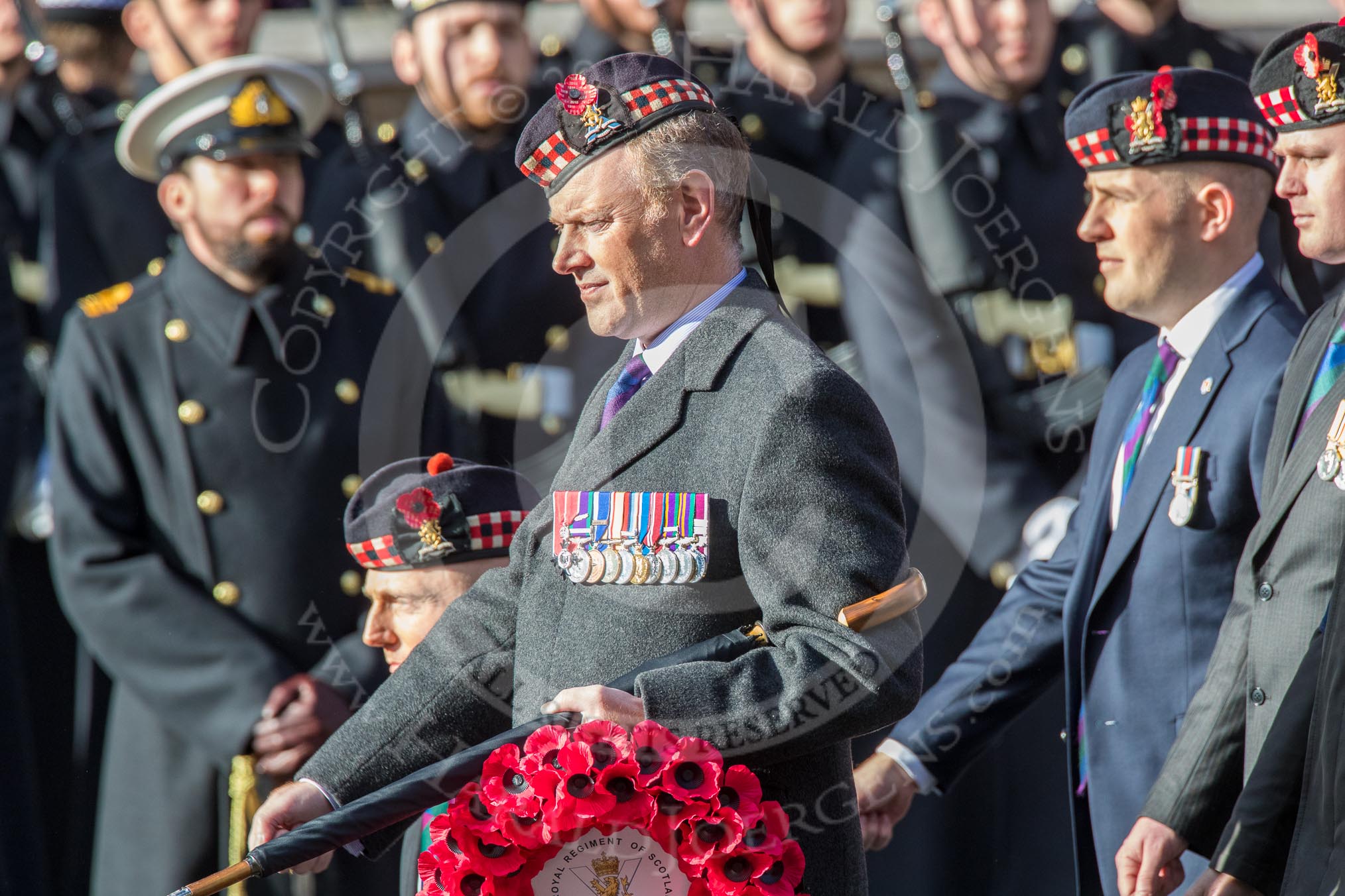 Royal Regiment of Scotland (Group A7, 15 members) during the Royal British Legion March Past on Remembrance Sunday at the Cenotaph, Whitehall, Westminster, London, 11 November 2018, 11:56.