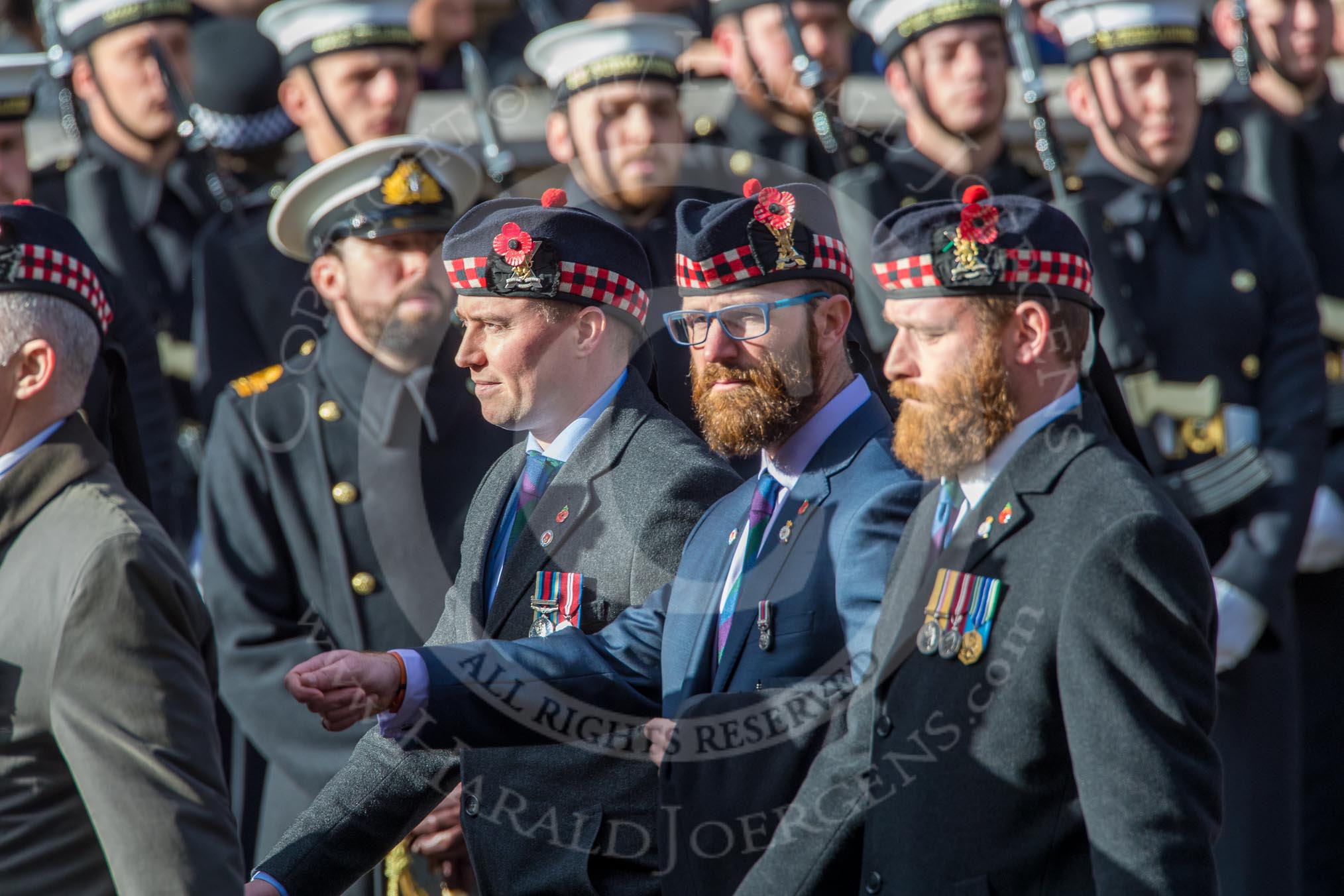Royal Regiment of Scotland (Group A7, 15 members) during the Royal British Legion March Past on Remembrance Sunday at the Cenotaph, Whitehall, Westminster, London, 11 November 2018, 11:56.