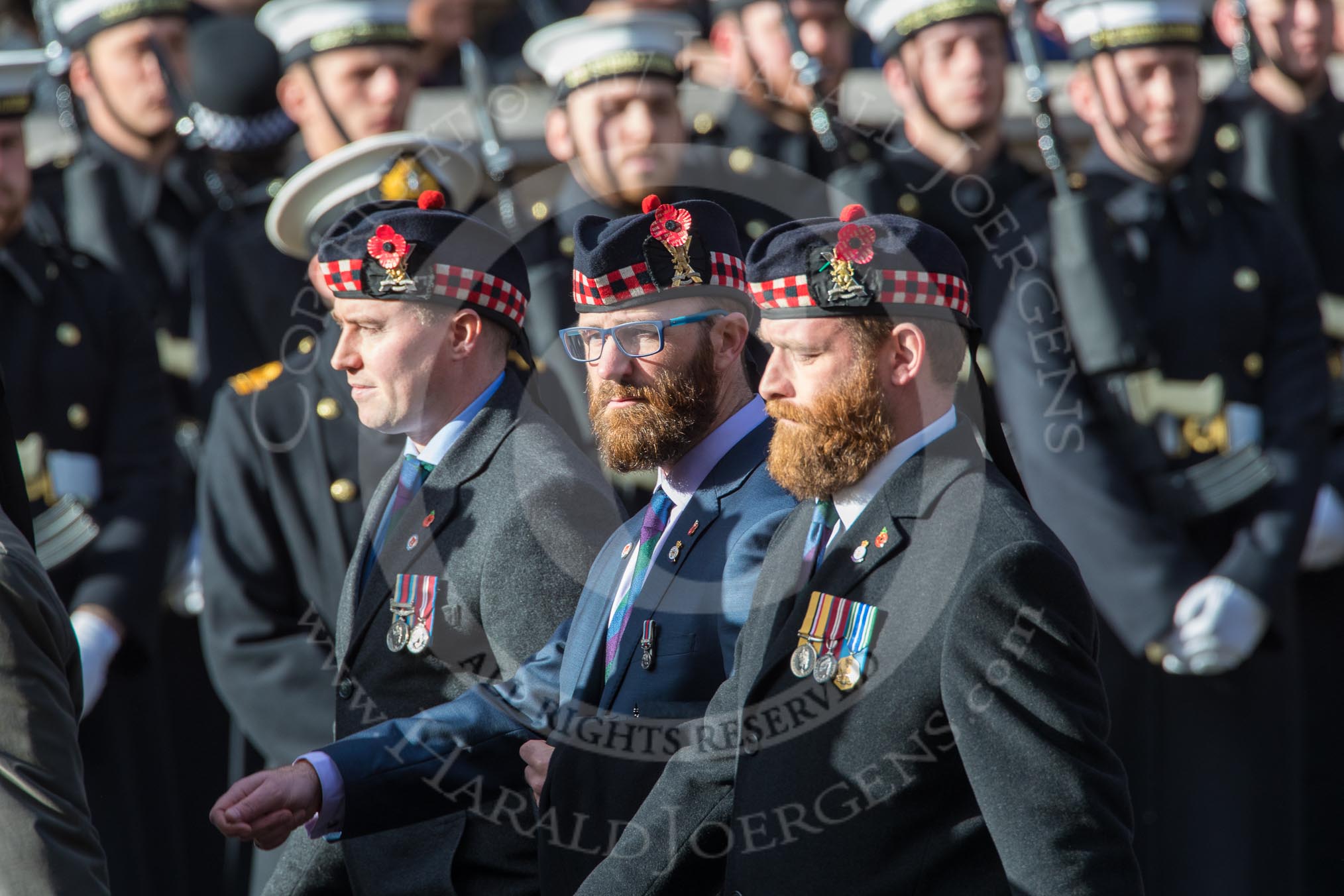 Royal Regiment of Scotland (Group A7, 15 members) during the Royal British Legion March Past on Remembrance Sunday at the Cenotaph, Whitehall, Westminster, London, 11 November 2018, 11:56.