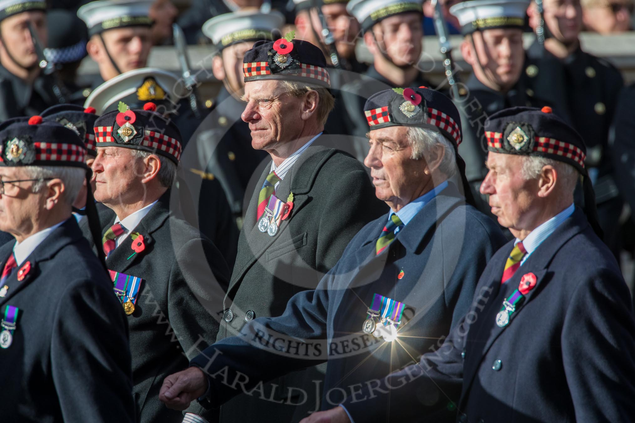 The Royal Scots Regimental Association (Group A8, 25 members) during the Royal British Legion March Past on Remembrance Sunday at the Cenotaph, Whitehall, Westminster, London, 11 November 2018, 11:56.