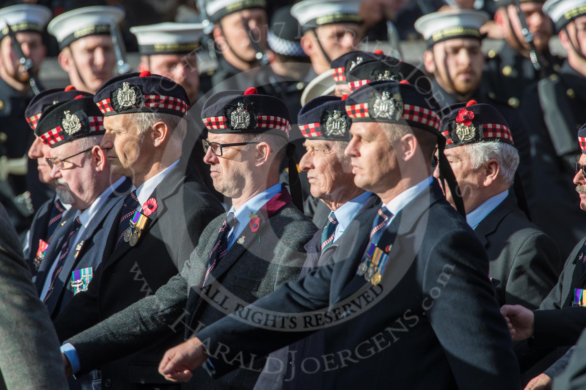 KOSB -The Kings Own Scottish Borderers Association (Group A9, 75 members) during the Royal British Legion March Past on Remembrance Sunday at the Cenotaph, Whitehall, Westminster, London, 11 November 2018, 11:57.