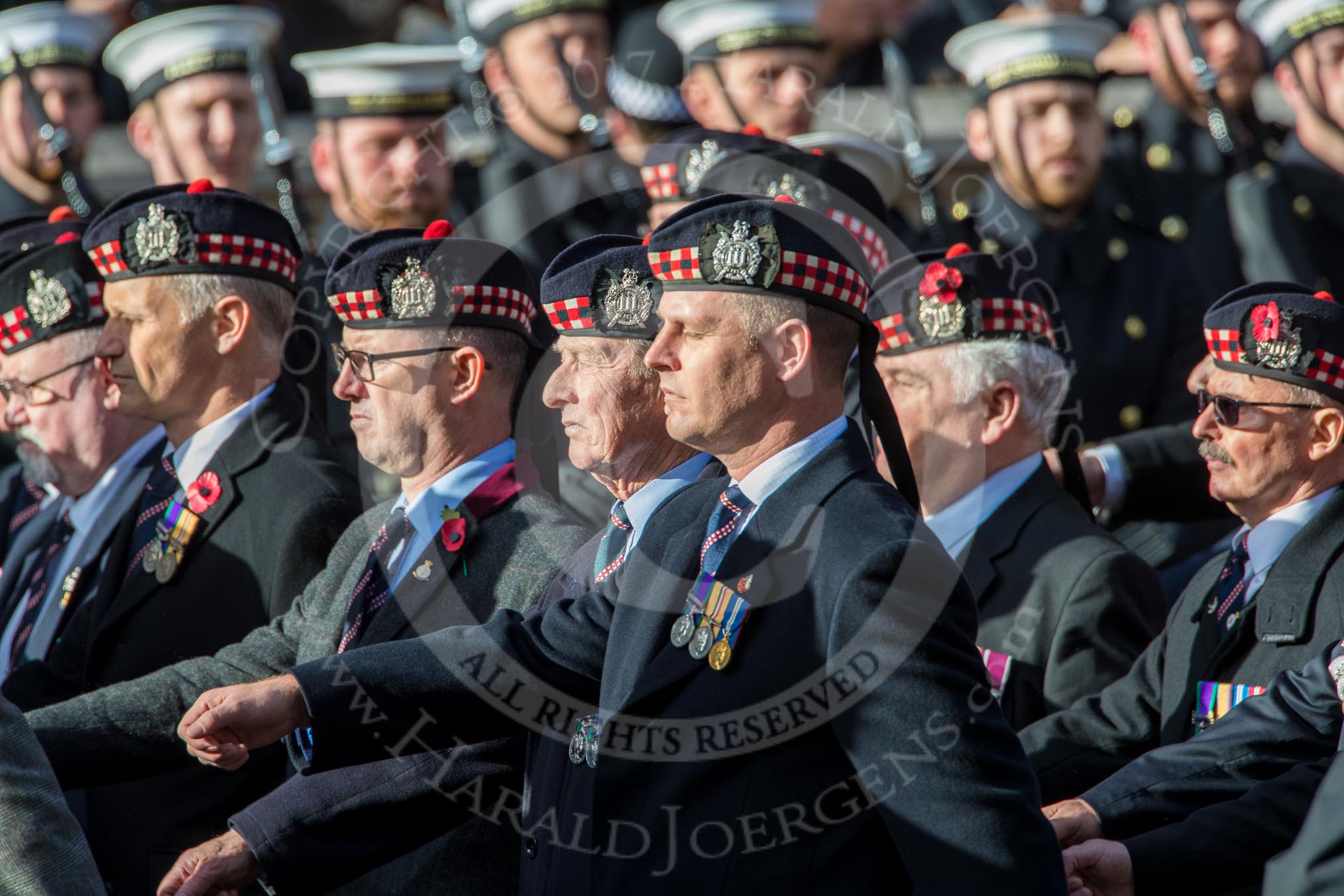 KOSB -The Kings Own Scottish Borderers Association (Group A9, 75 members) during the Royal British Legion March Past on Remembrance Sunday at the Cenotaph, Whitehall, Westminster, London, 11 November 2018, 11:57.