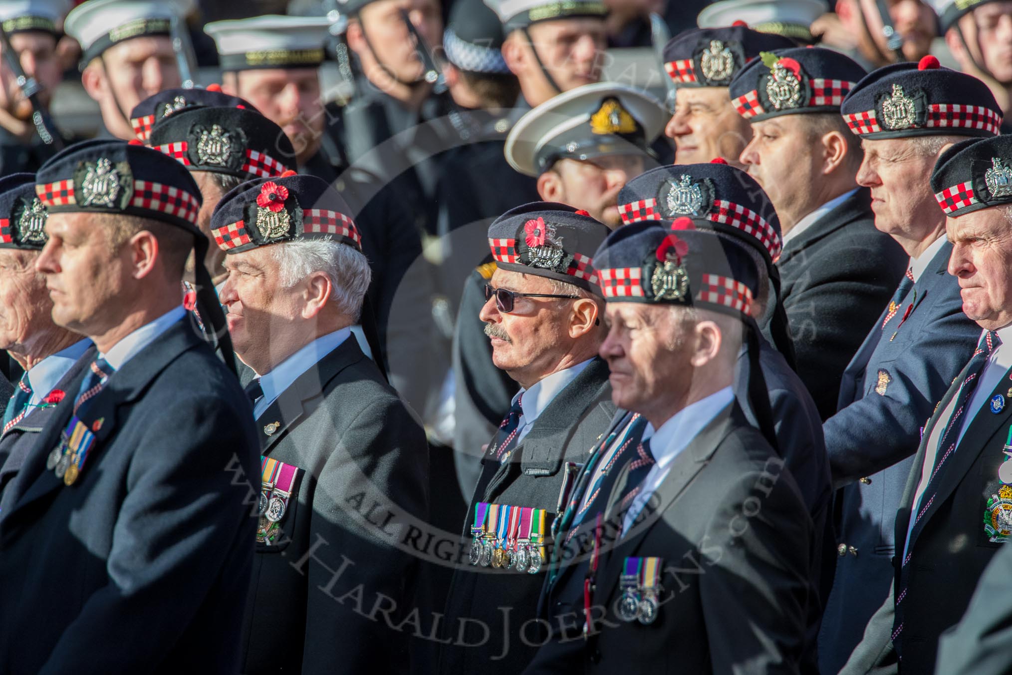 KOSB -The Kings Own Scottish Borderers Association (Group A9, 75 members) during the Royal British Legion March Past on Remembrance Sunday at the Cenotaph, Whitehall, Westminster, London, 11 November 2018, 11:57.