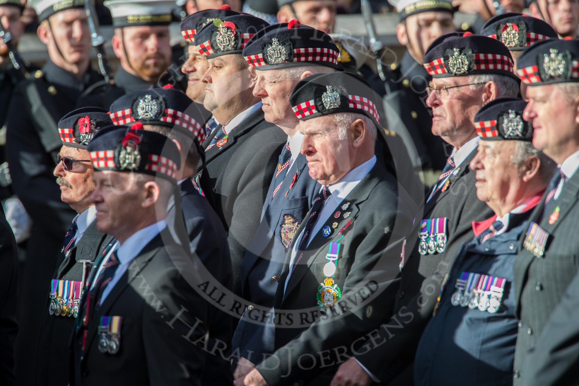 KOSB -The Kings Own Scottish Borderers Association (Group A9, 75 members) during the Royal British Legion March Past on Remembrance Sunday at the Cenotaph, Whitehall, Westminster, London, 11 November 2018, 11:57.