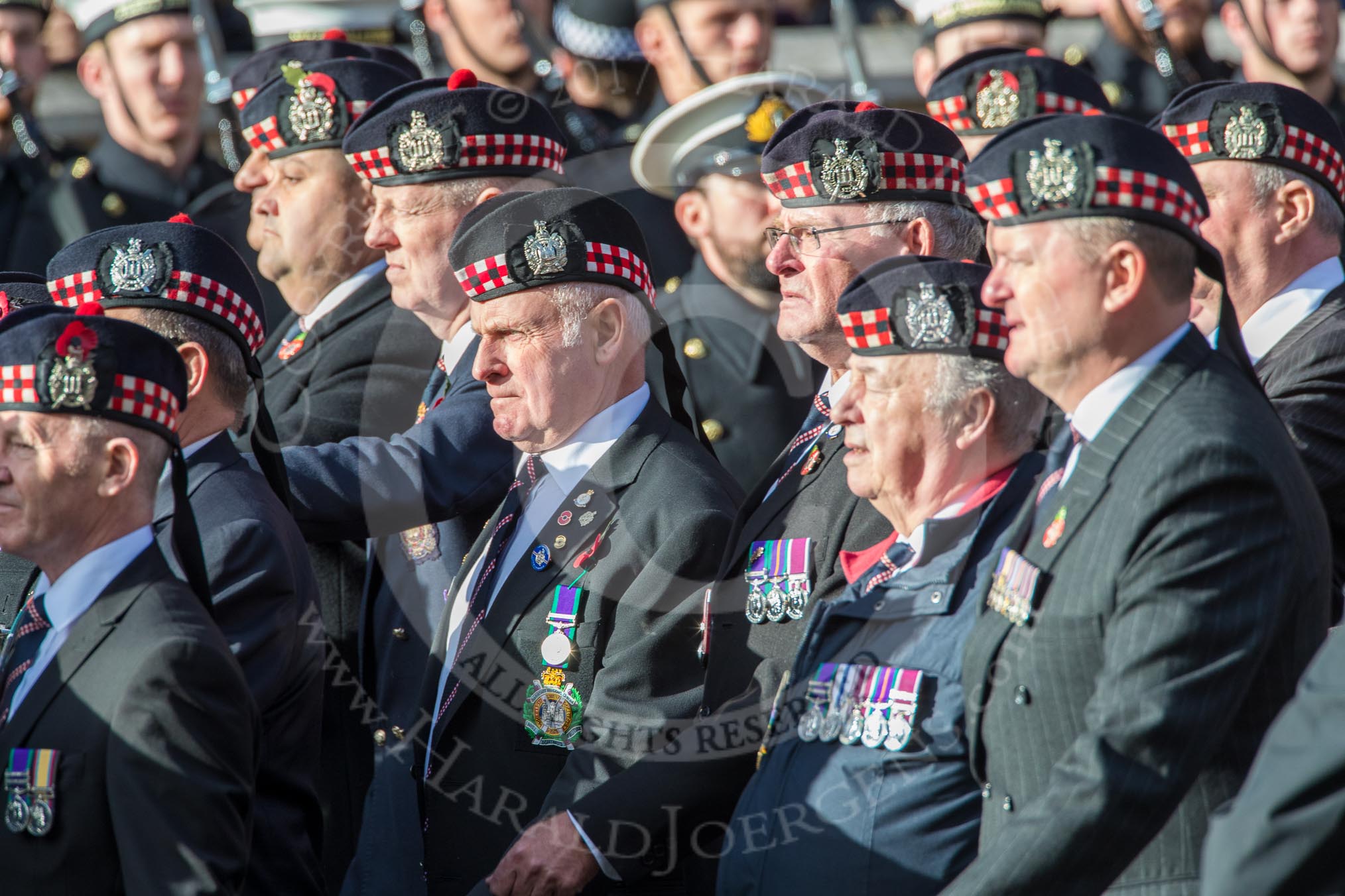 KOSB -The Kings Own Scottish Borderers Association (Group A9, 75 members) during the Royal British Legion March Past on Remembrance Sunday at the Cenotaph, Whitehall, Westminster, London, 11 November 2018, 11:57.