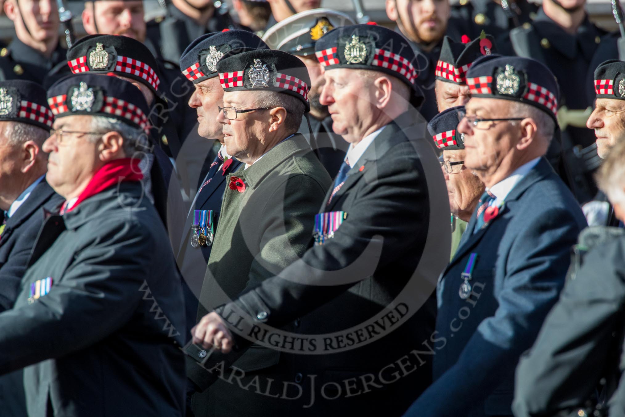 KOSB -The Kings Own Scottish Borderers Association (Group A9, 75 members) during the Royal British Legion March Past on Remembrance Sunday at the Cenotaph, Whitehall, Westminster, London, 11 November 2018, 11:57.