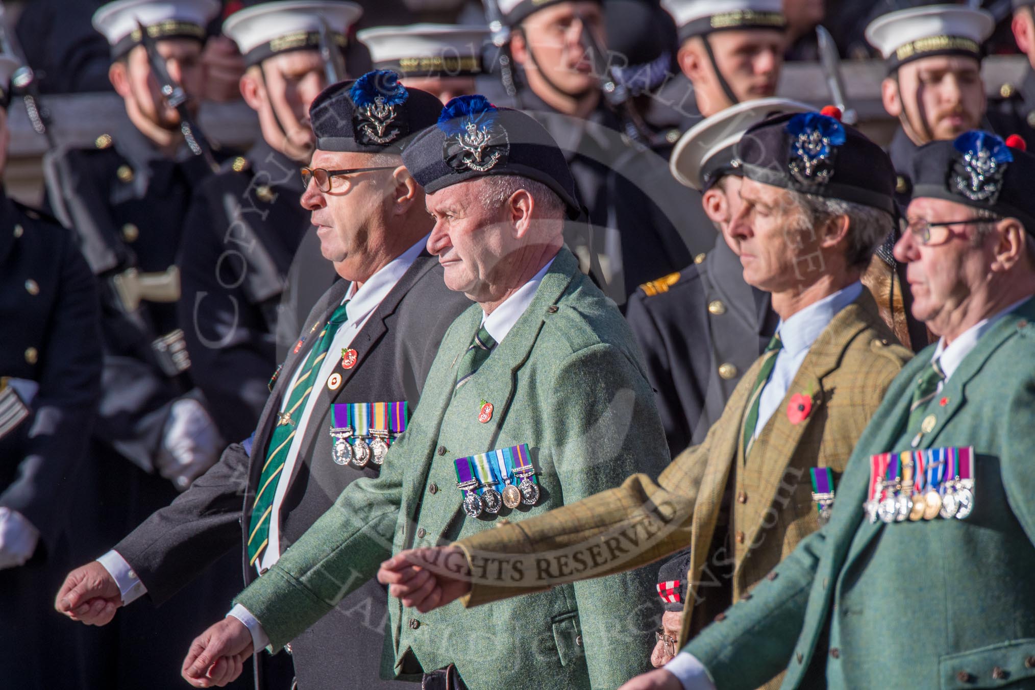 Queen's Own Highlanders Regimental Association (Group A11, 55 members) during the Royal British Legion March Past on Remembrance Sunday at the Cenotaph, Whitehall, Westminster, London, 11 November 2018, 11:57.