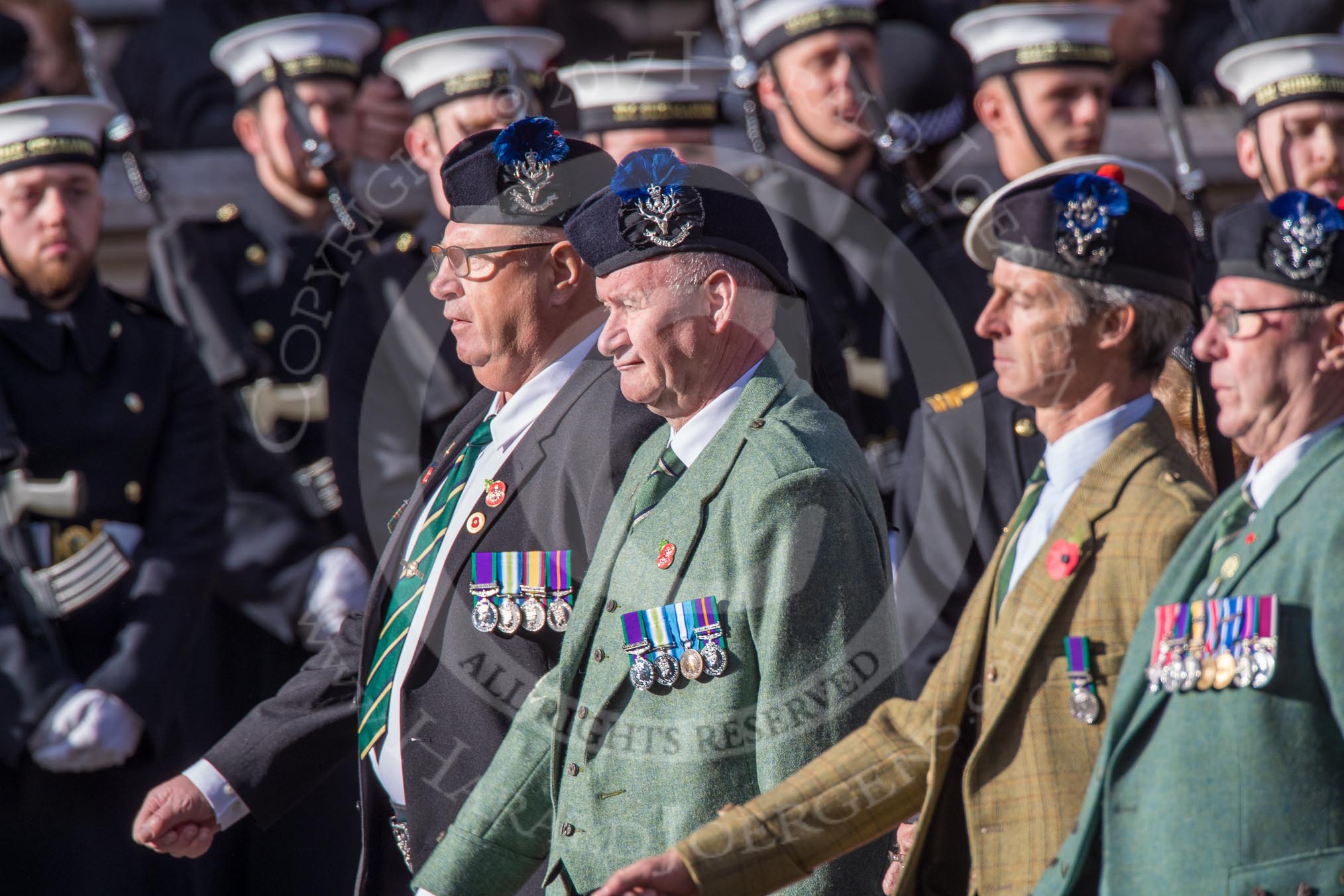 Queen's Own Highlanders Regimental Association (Group A11, 55 members) during the Royal British Legion March Past on Remembrance Sunday at the Cenotaph, Whitehall, Westminster, London, 11 November 2018, 11:57.