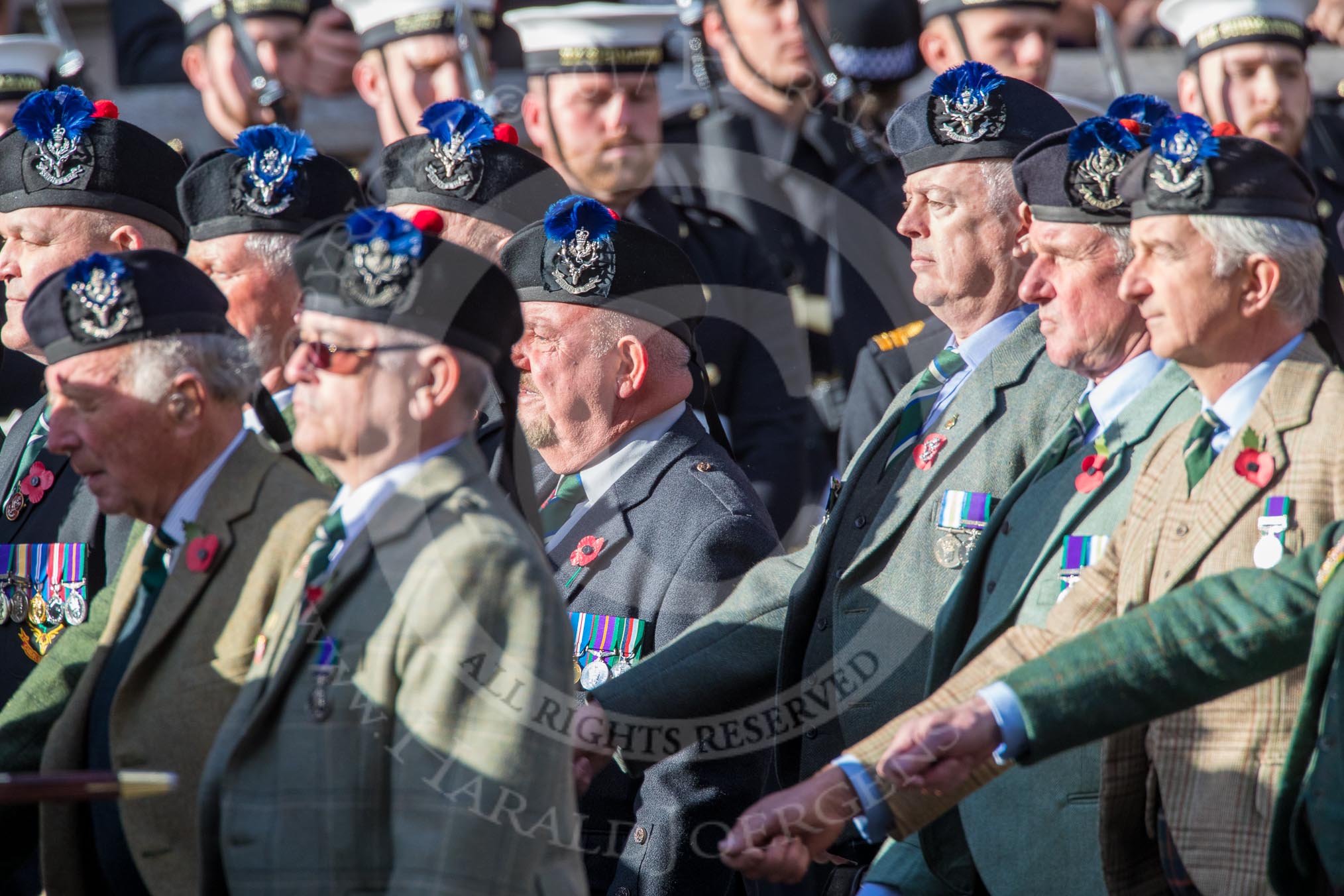 Queen's Own Highlanders Regimental Association (Group A11, 55 members) during the Royal British Legion March Past on Remembrance Sunday at the Cenotaph, Whitehall, Westminster, London, 11 November 2018, 11:57.