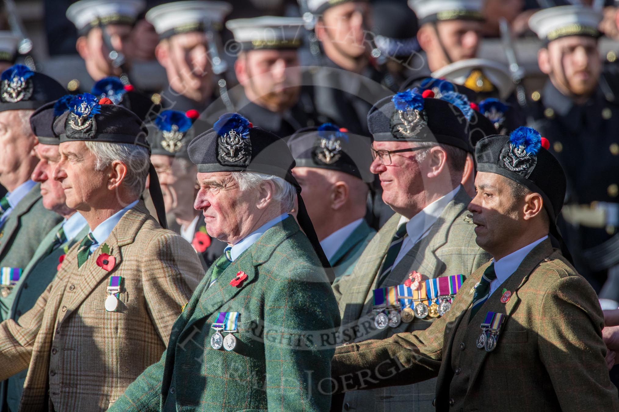 Queen's Own Highlanders Regimental Association (Group A11, 55 members) during the Royal British Legion March Past on Remembrance Sunday at the Cenotaph, Whitehall, Westminster, London, 11 November 2018, 11:57.