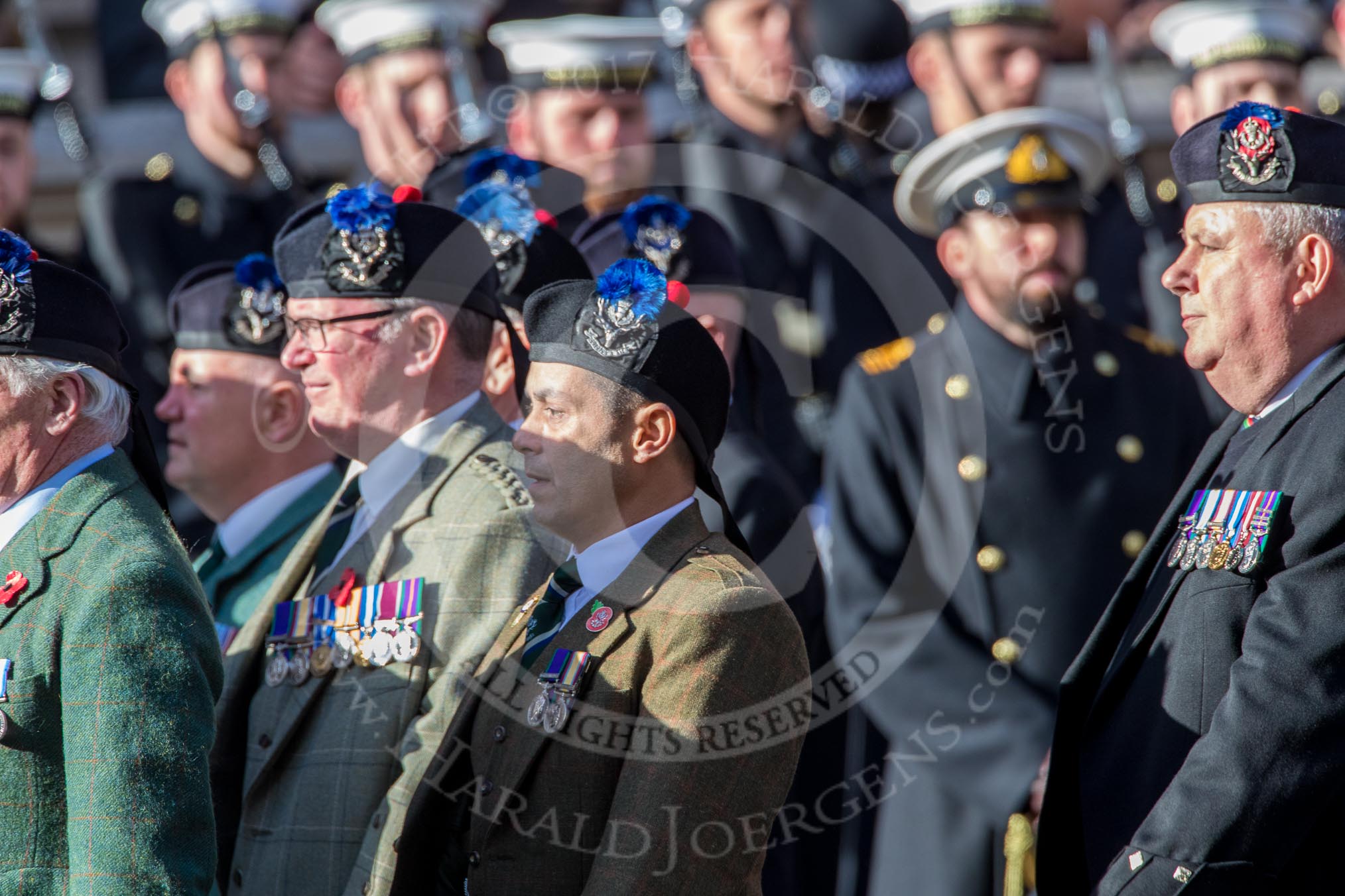 Queen's Own Highlanders Regimental Association (Group A11, 55 members) during the Royal British Legion March Past on Remembrance Sunday at the Cenotaph, Whitehall, Westminster, London, 11 November 2018, 11:57.