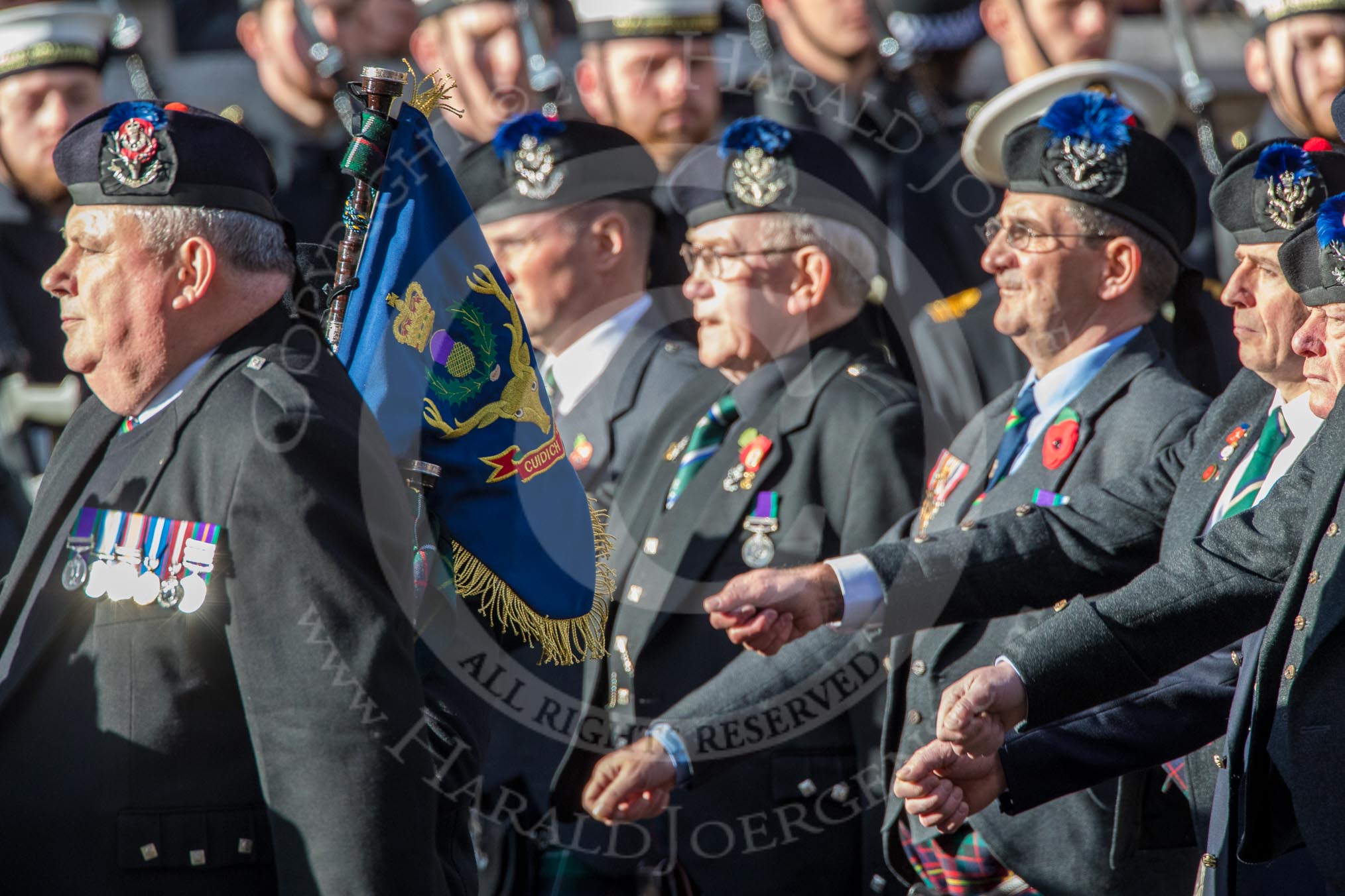 Queen's Own Highlanders Regimental Association (Group A11, 55 members) during the Royal British Legion March Past on Remembrance Sunday at the Cenotaph, Whitehall, Westminster, London, 11 November 2018, 11:58.