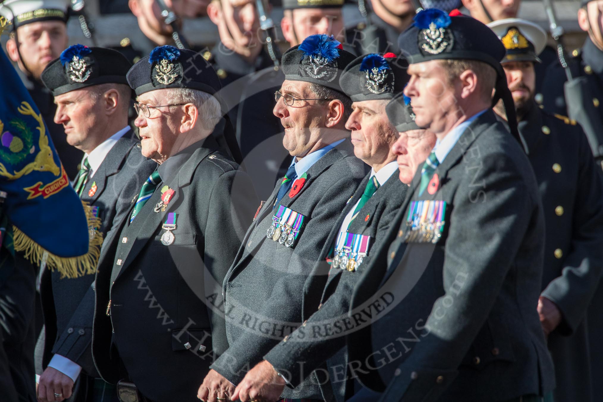 Queen's Own Highlanders Regimental Association (Group A11, 55 members) during the Royal British Legion March Past on Remembrance Sunday at the Cenotaph, Whitehall, Westminster, London, 11 November 2018, 11:58.