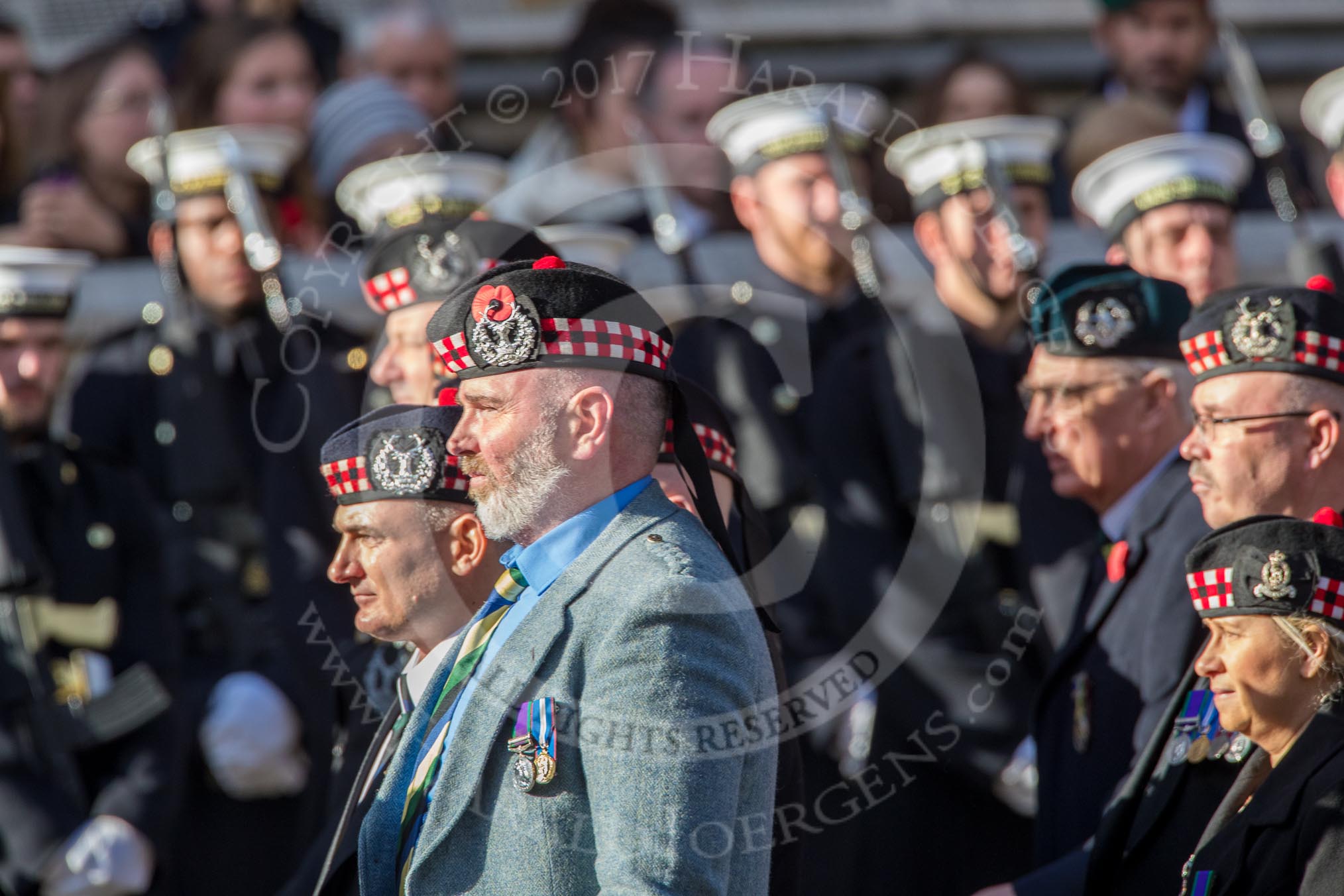 The Gordon Highlanders London Association (Group A12, 37 members) during the Royal British Legion March Past on Remembrance Sunday at the Cenotaph, Whitehall, Westminster, London, 11 November 2018, 11:58.