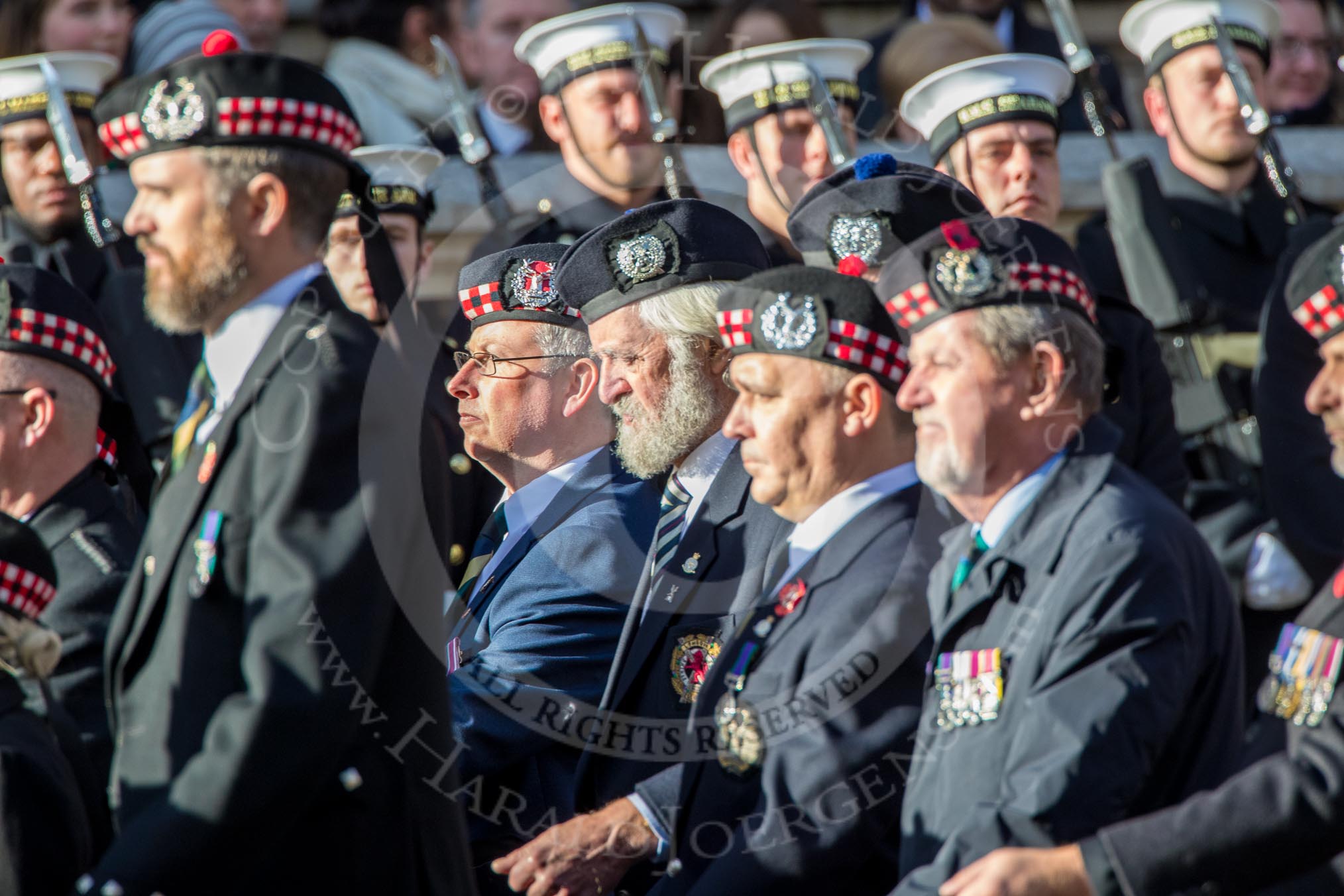 The Gordon Highlanders London Association (Group A12, 37 members) during the Royal British Legion March Past on Remembrance Sunday at the Cenotaph, Whitehall, Westminster, London, 11 November 2018, 11:58.