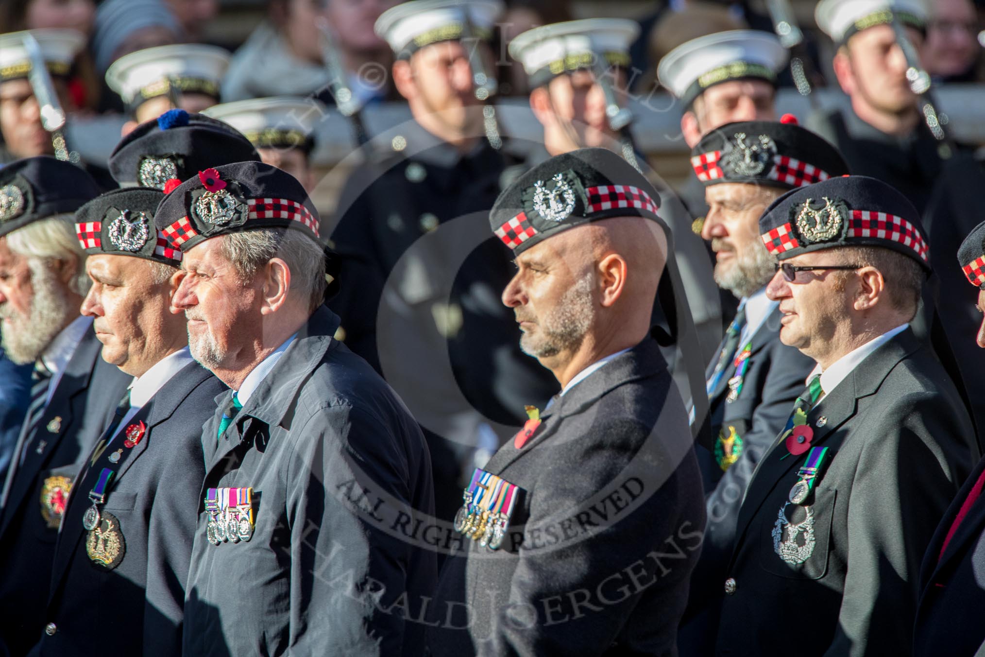 The Gordon Highlanders London Association (Group A12, 37 members) during the Royal British Legion March Past on Remembrance Sunday at the Cenotaph, Whitehall, Westminster, London, 11 November 2018, 11:58.