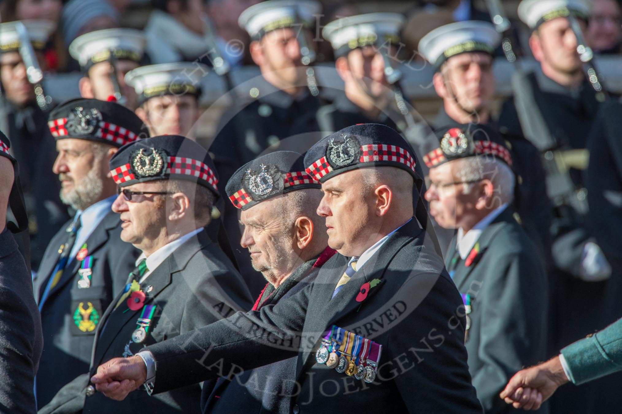 The Gordon Highlanders London Association (Group A12, 37 members) during the Royal British Legion March Past on Remembrance Sunday at the Cenotaph, Whitehall, Westminster, London, 11 November 2018, 11:58.