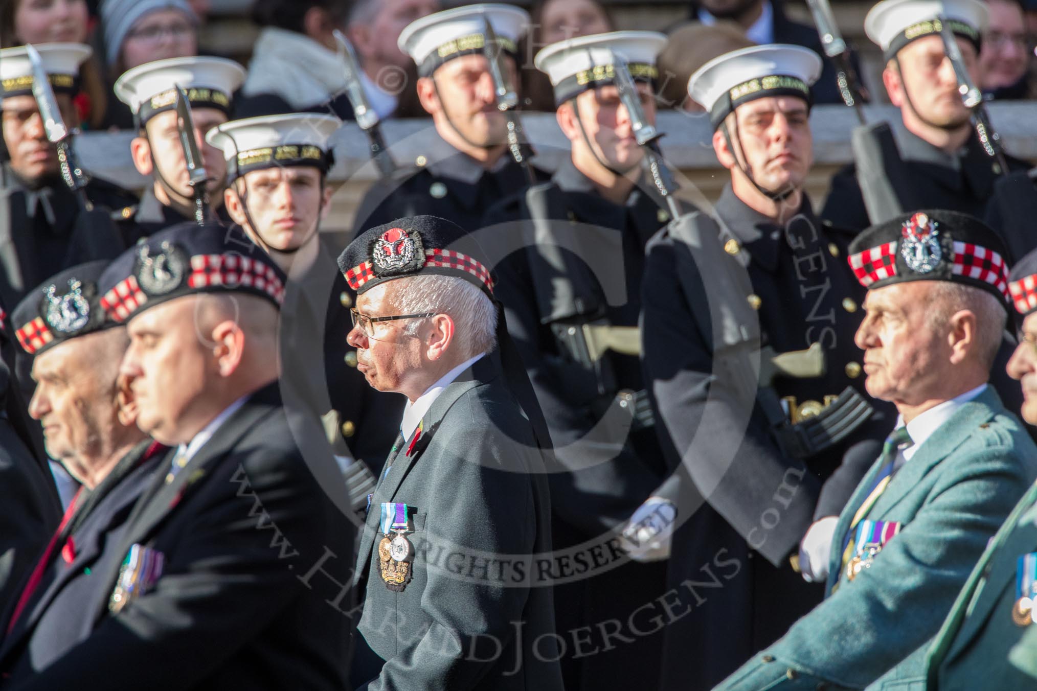 The Gordon Highlanders London Association (Group A12, 37 members) during the Royal British Legion March Past on Remembrance Sunday at the Cenotaph, Whitehall, Westminster, London, 11 November 2018, 11:58.