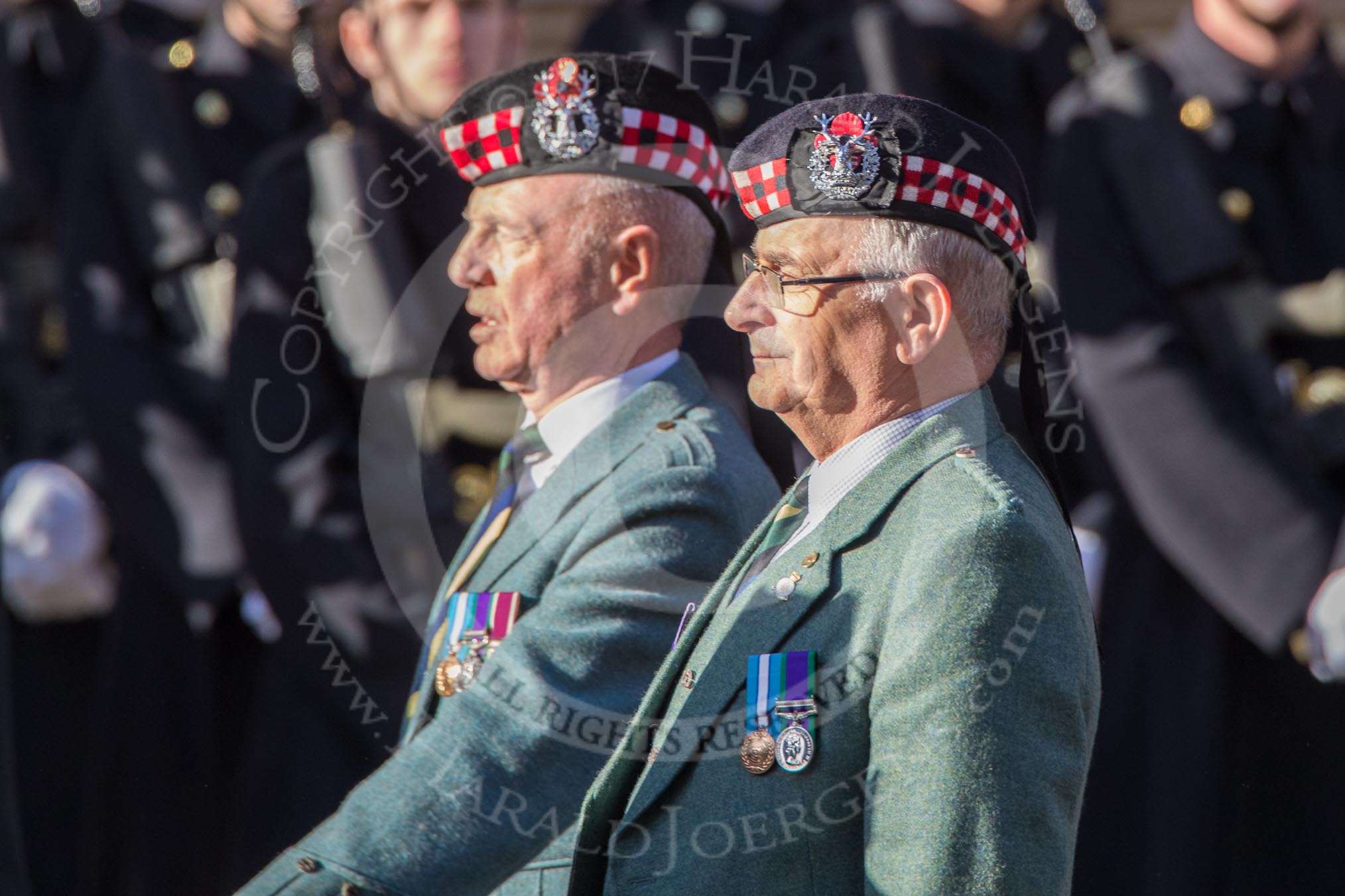 The Gordon Highlanders London Association (Group A12, 37 members) during the Royal British Legion March Past on Remembrance Sunday at the Cenotaph, Whitehall, Westminster, London, 11 November 2018, 11:58.