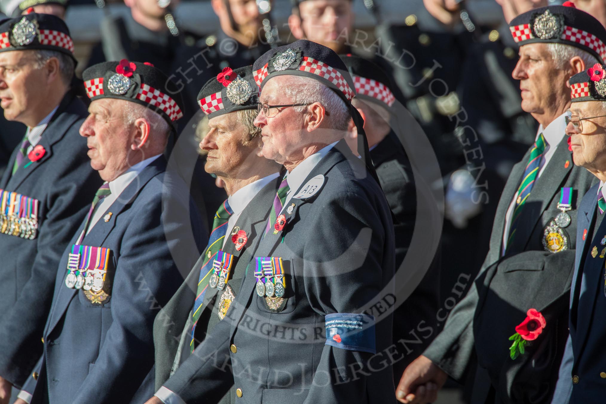 The Regimental Association of the Argyll and Sutherland High (Group A13, 50 members) during the Royal British Legion March Past on Remembrance Sunday at the Cenotaph, Whitehall, Westminster, London, 11 November 2018, 11:58.