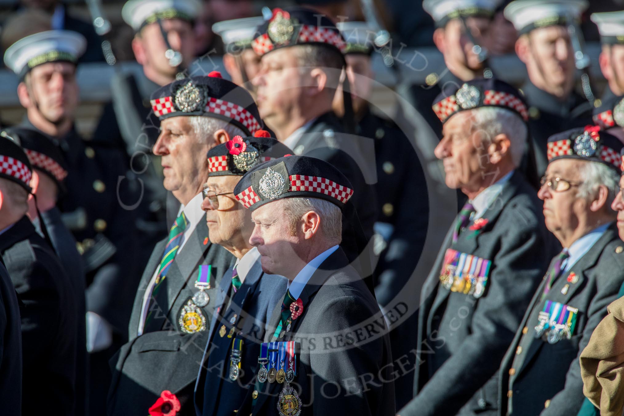 The Regimental Association of the Argyll and Sutherland High (Group A13, 50 members) during the Royal British Legion March Past on Remembrance Sunday at the Cenotaph, Whitehall, Westminster, London, 11 November 2018, 11:58.